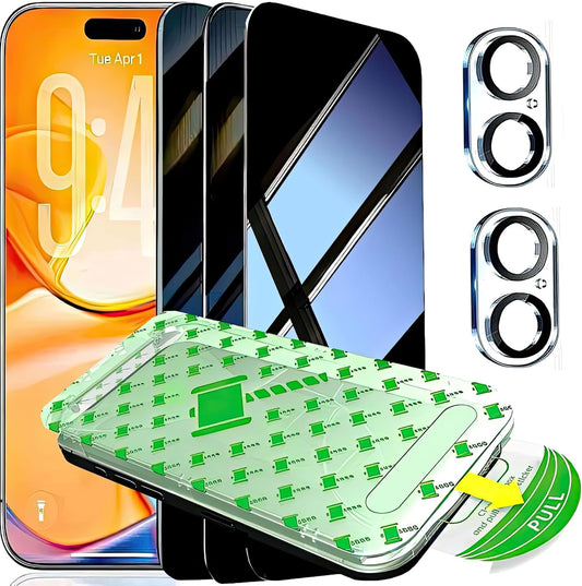 3 Pack Privacy Screen Protector for iPhone 16 Plus with 2 Camera Lens Protector 9H+ Tempered Full Cover Glass Military Grade Shatterproof 25° Anti Spy Bubble Free Auto Installation kit