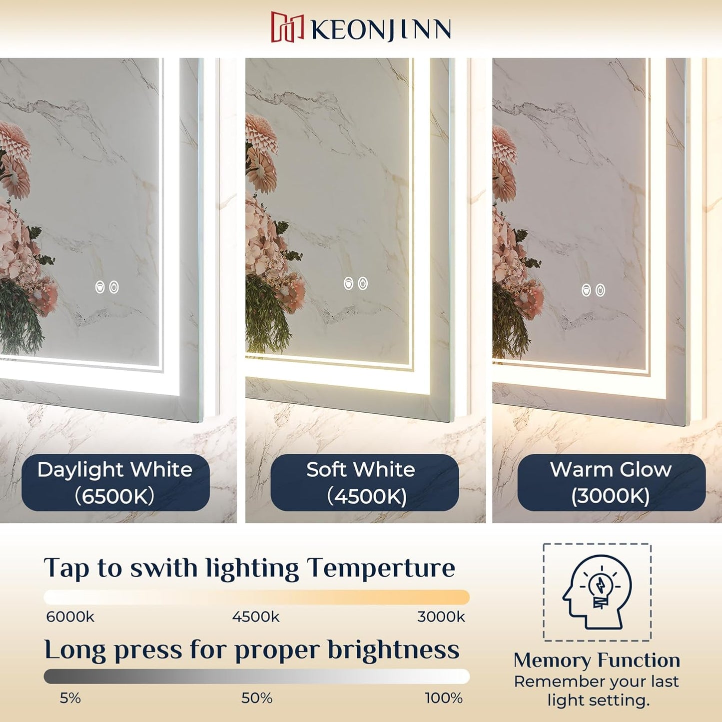 Keonjinn 30" x 32" Bathroom LED Mirror, Front & Back Lighted Mirror for Bathroom Wall, HD Tempered Glass, Safe Anit-Fog, 3000K/4500K/6500K, Dimmable, Frameless LED Wall Mirror with Lights