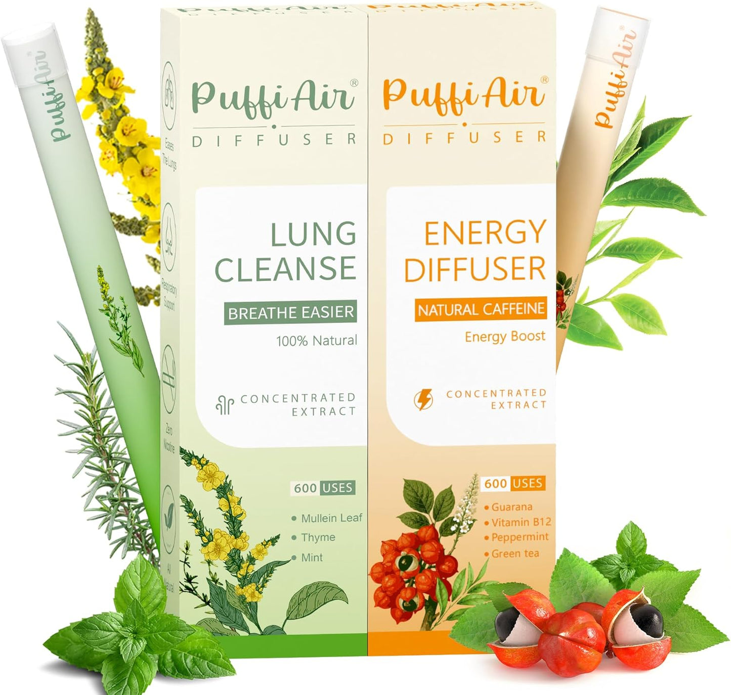 PUFFIAIR Focus Energy Duo Herbal Diffuser Pen Set | Mullein and Caffeine Inspired Blends | Green Orange | 2 Count