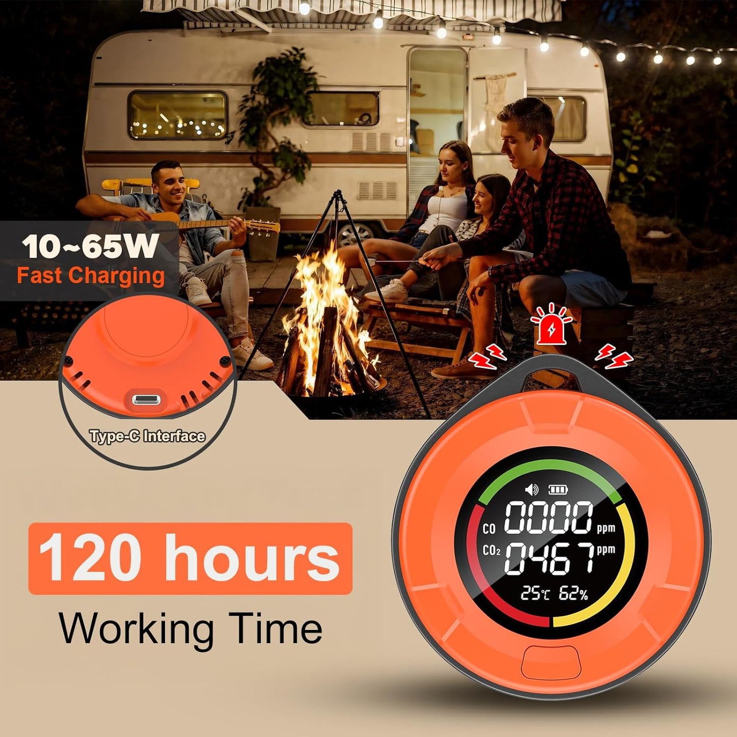 Portable Carbon Monoxide Detector for Travel：4-in-1 CO2 Monitor for Home - 1000mAh Battery Mini CO Carbon Dioxide Alarm with Temperature(°F) & Humidity for RV Hotel Camping- Orange