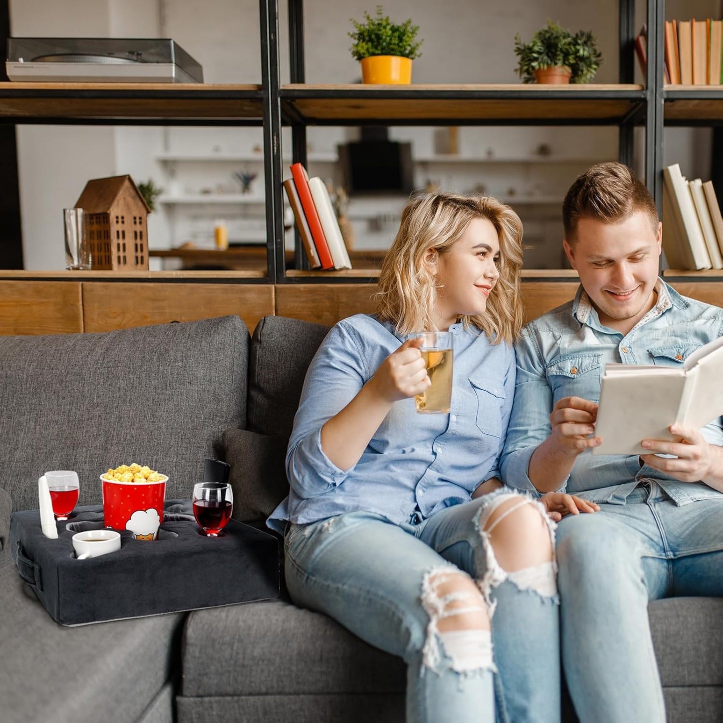 Couch Cup Holder-Sofa Cup Holder Pillow Tray Caddy Cupholder Hearted for Bed, Rv, Tv, Car, Man Cave, Backseat for Remote, Drinks, Snacks (DarkGrey)