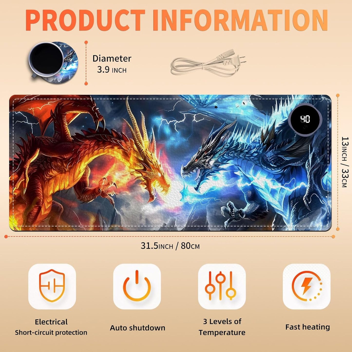 Heated Mouse Pad, Warm Desk Pad, Keyboard Mat 31.5 x 13 Inch Large Size Intelligent Fast Heating, 3 Speed Adjustable, Timed Auto Power Off for Game Office Home,Dragons Gather