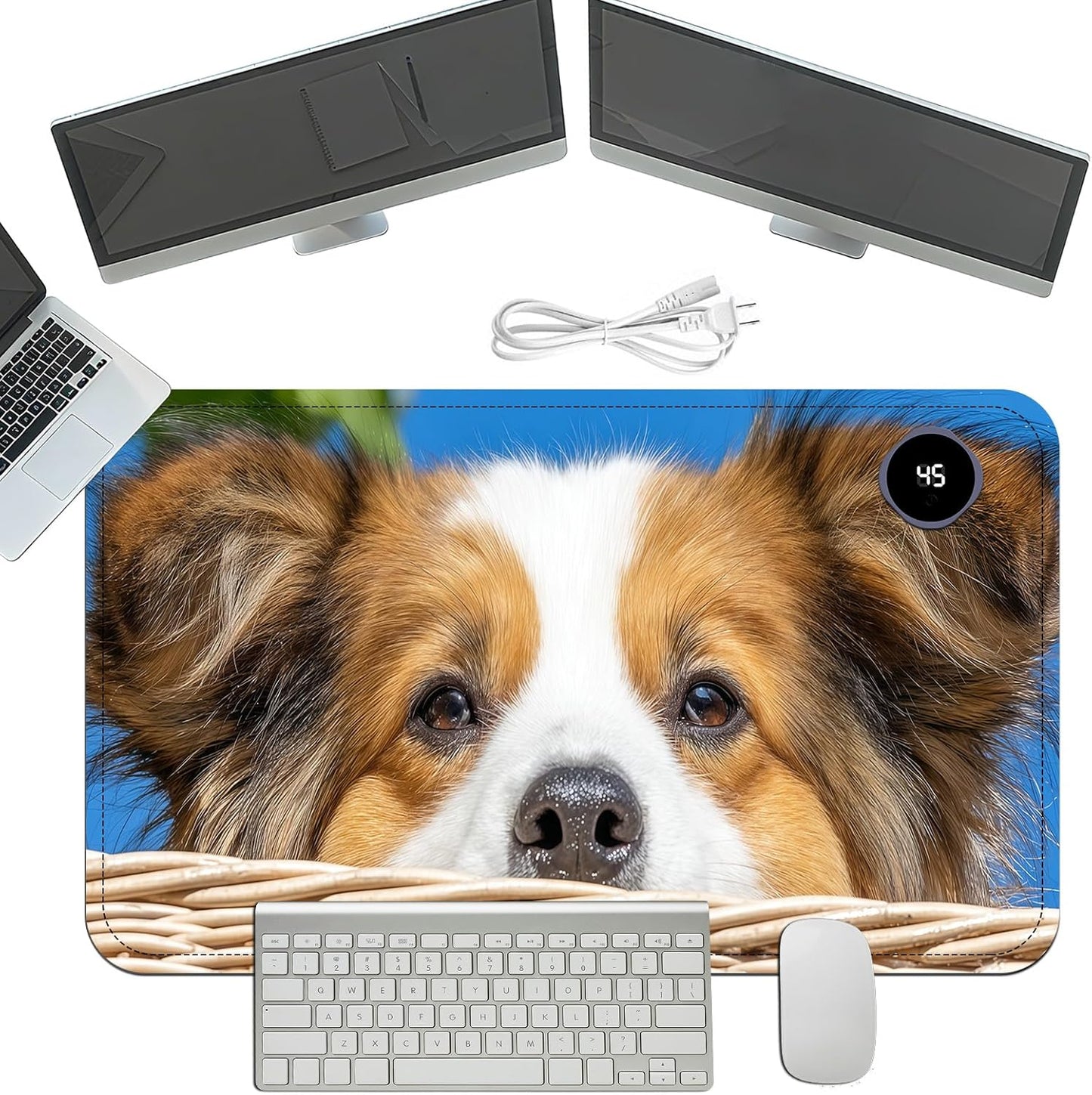 Heated Mouse Pad with 3 Temperature Settings(104°F–122°F),Large 24x14.2 Inch PU Leather Heated Desk Mat,Waterproof Warming Pad for Office,Gaming & Cold Hands Relief,Cute Dog