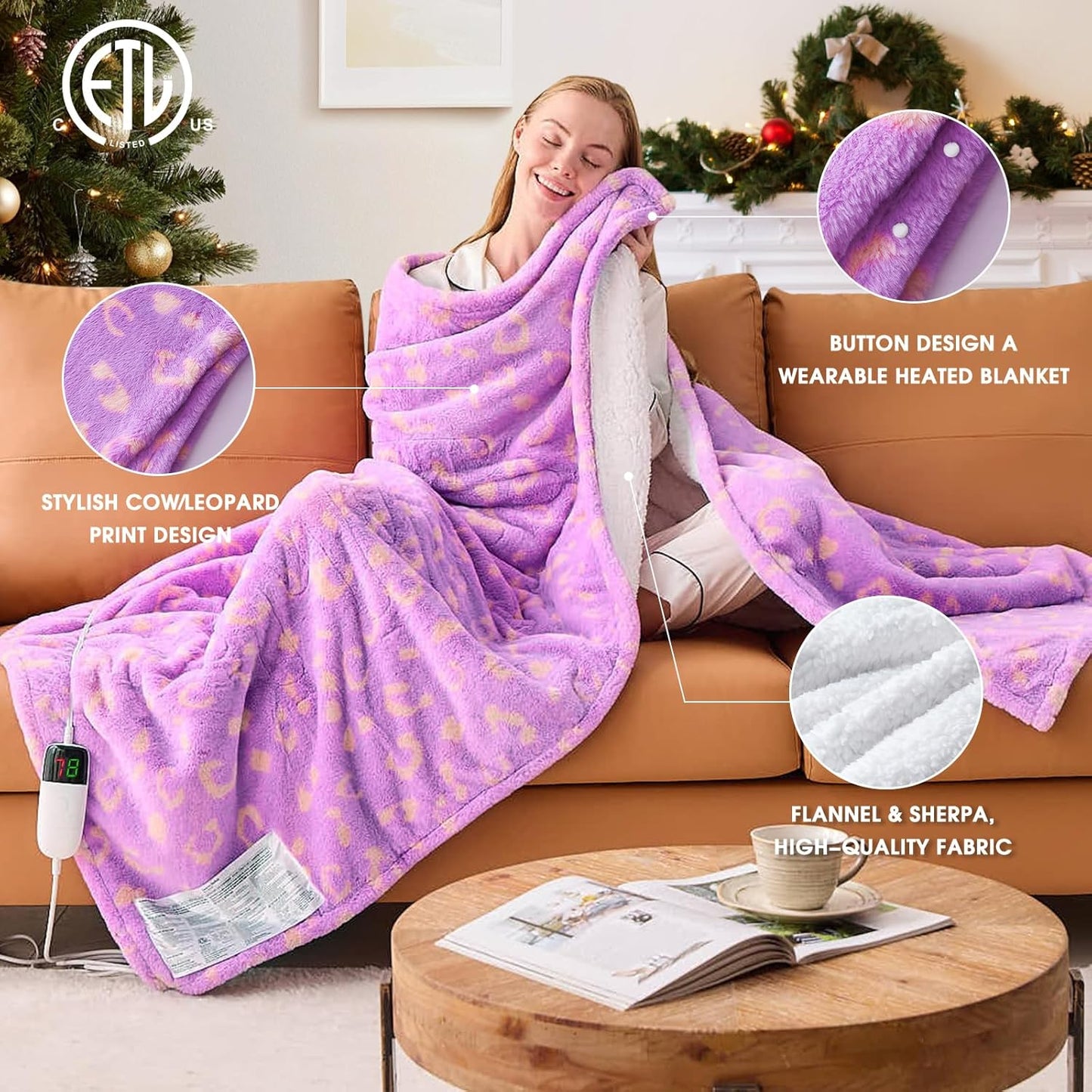 Leopard Print Heated Electric Blanket Throw,50X60 Purple Heating Blanket with 10 Heats Levels & 8 Hours Auto Off,Cute Cheetah Soft Fleece Sherpa Blankets Warmer Gifts for Women Washable