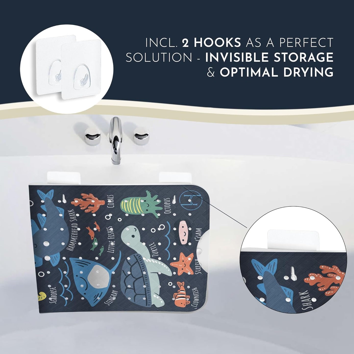 Bath Tub Mat Non Slip Anti Mold for Kids BPA Free INCL Hooks - homerella® Ocean Sea Animals 40x16, Baby Bath Mat Non Slip 200 Suction Cups, Non Toxic Machine Washable Toddler Bath Mat, EU Certified