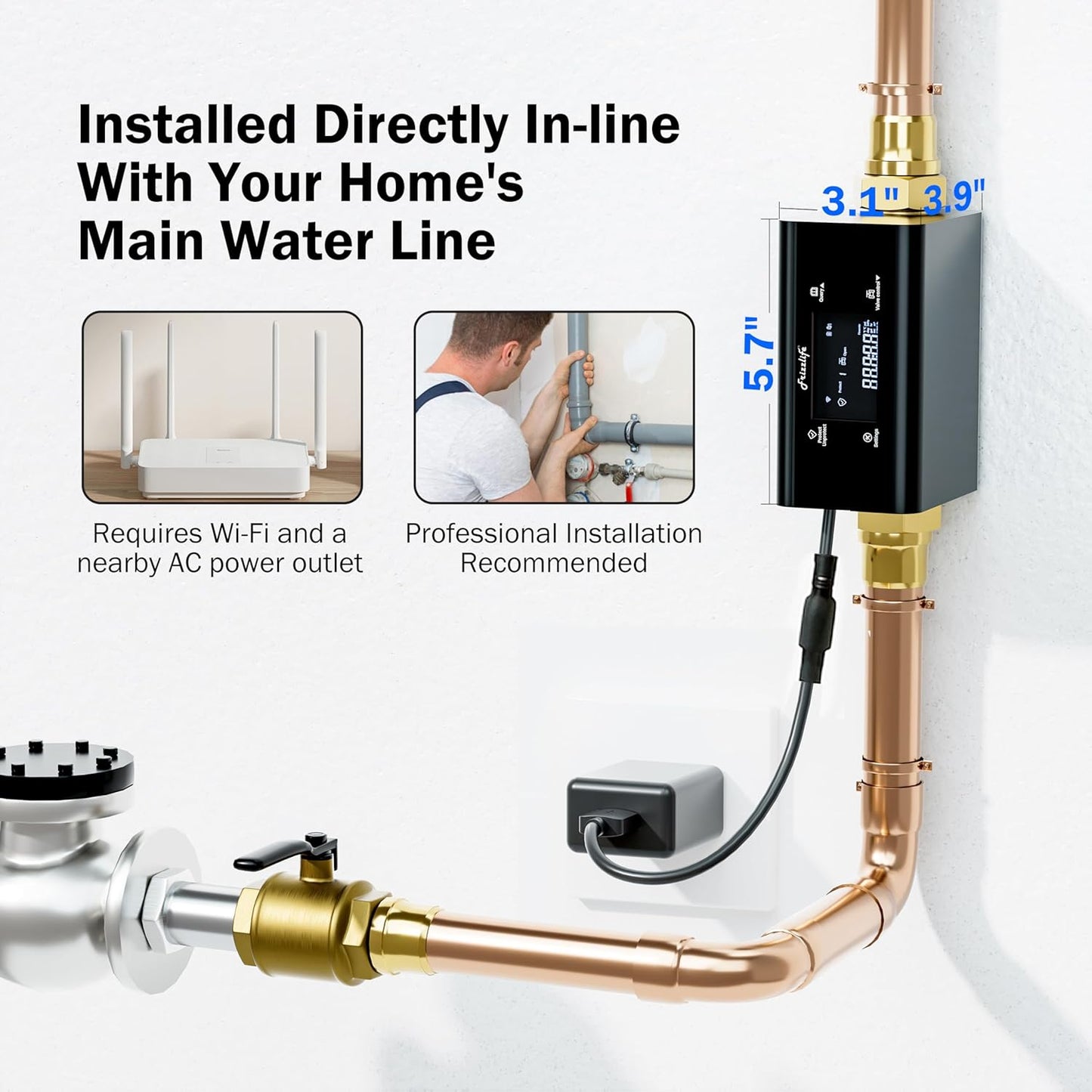 Frizzlife LP365 Smart Water Monitor and Automatic Shutoff - 0.01GPM Ultrasonic Micro Leak Detection, APP Wi-Fi Remote Control, Real-Time Flow/Temp Monitoring, 24/7 Water Usage Reports, 3/4" and 1"