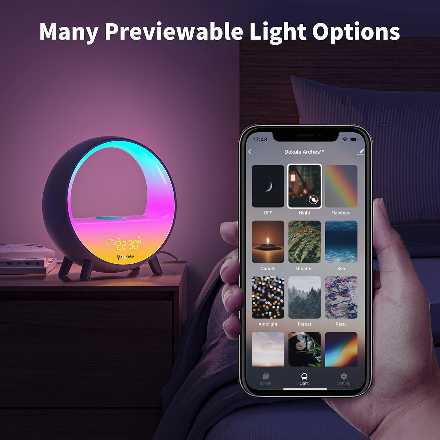 Dekala Arches Gradual Sunrise Alarm Clock with Wireless Charging, Sunset White Noise Sound Machine Loud Sunsire Alarm Clock for Heavy Sleepers Smart Ambient Lamp Sunrise App/Touch Control