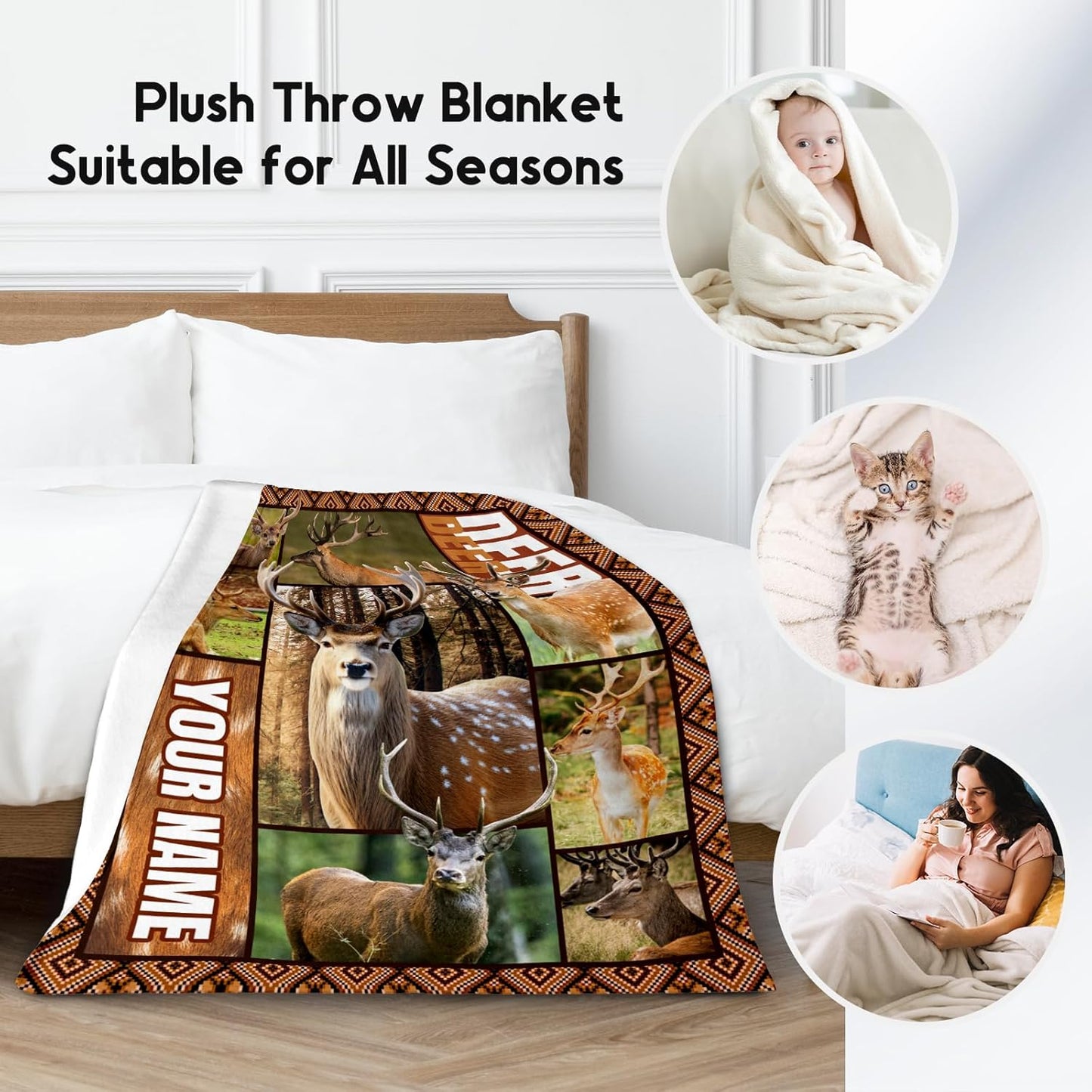 Personalized Blankets for Adults, Custom Deer Blanket Gifts for Men Boys, 50"x60" Forest Western Throw Gift for Hunters - Soft, Fuzzy & Cozy Deer Throws Farmhouse Decor