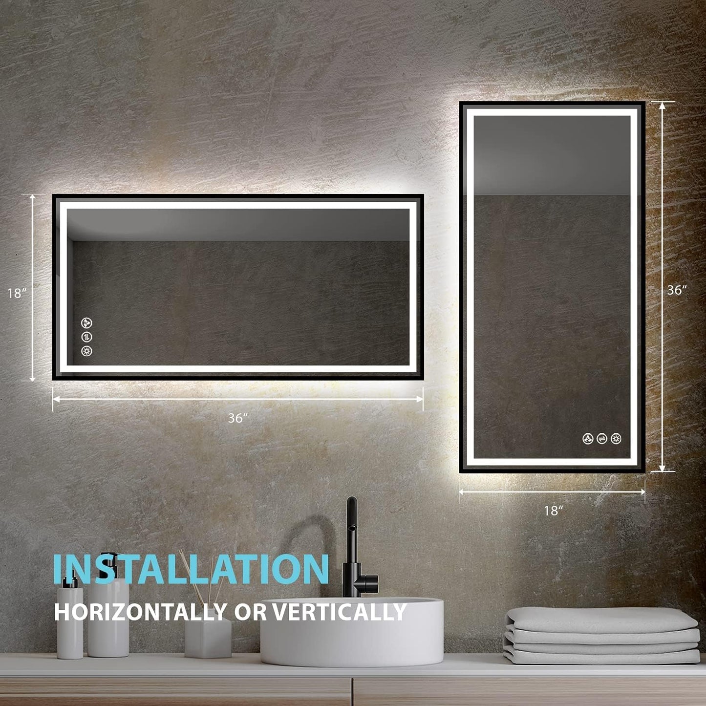 18x36 Inch LED Bathroom Mirror with Matte Black Frame| Wall Mounted Backlit Vanity Mirror with Lights | Anti-Fog, 3 Color Dimmable Smart Bathroom LED Mirror | Frame Vanity Mirror for Makeup