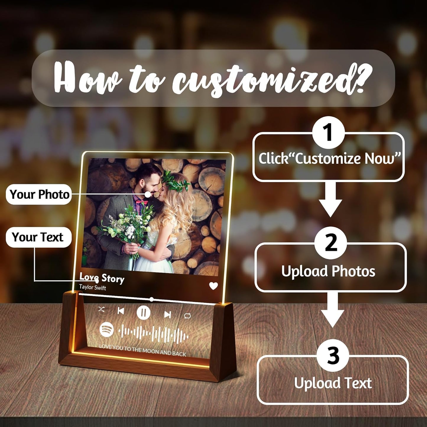 Personalized Couple Gifts For Boyfriend Girlfriend Him Her Husband Wife, Custom Acrylic Spotify Plaque With Photo Name, Customized Light Up Picture Frame For Anniversary Birthday Christmas Gifts