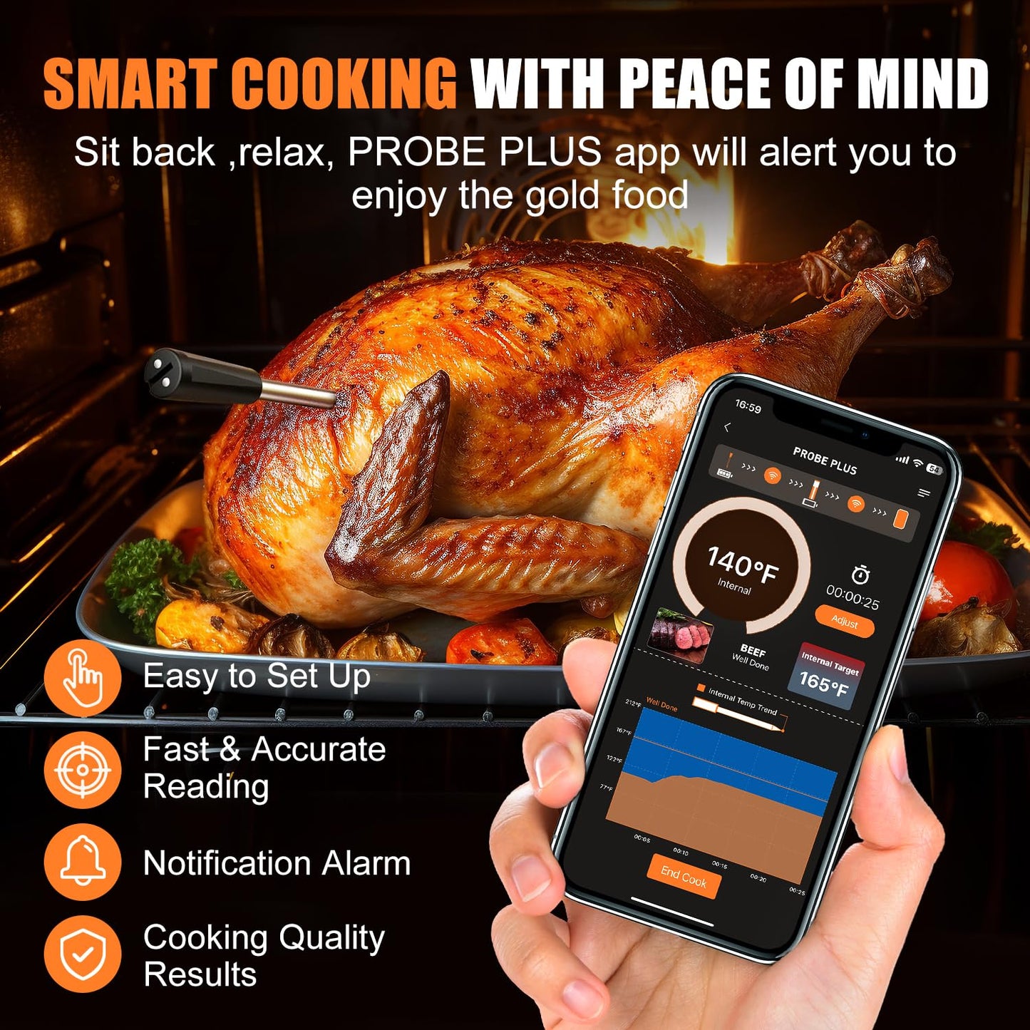 INSMART Wireless Smart Meat Thermometer,330FT Bluetooth Range,100% Waterproof,Precision Cooking Grilling,Multi Sensors,for BBQ,Oven,Grill,Kitchen,Smoker, Rotisserie Turkey Beef (Wood)