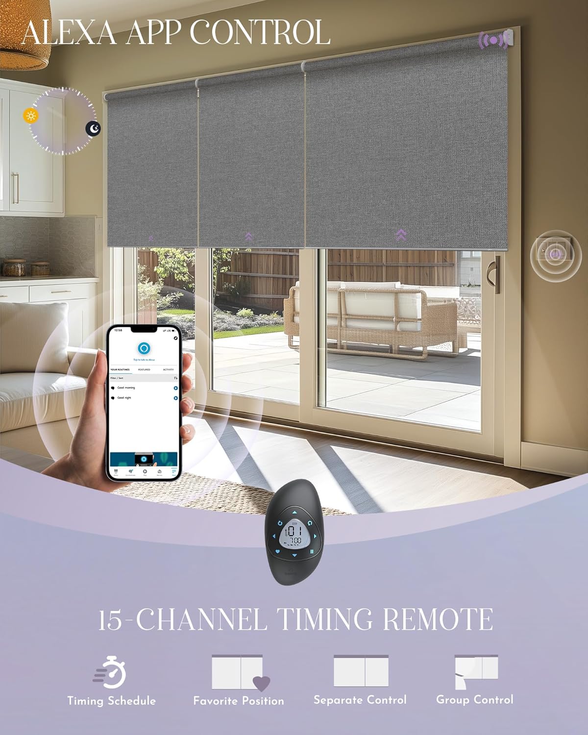 Graywind Smart Coupled Roller Shades Compatible with Alexa Google Custom Size Extra Large Motorized Blinds for Windows(Weaving Cloud)
