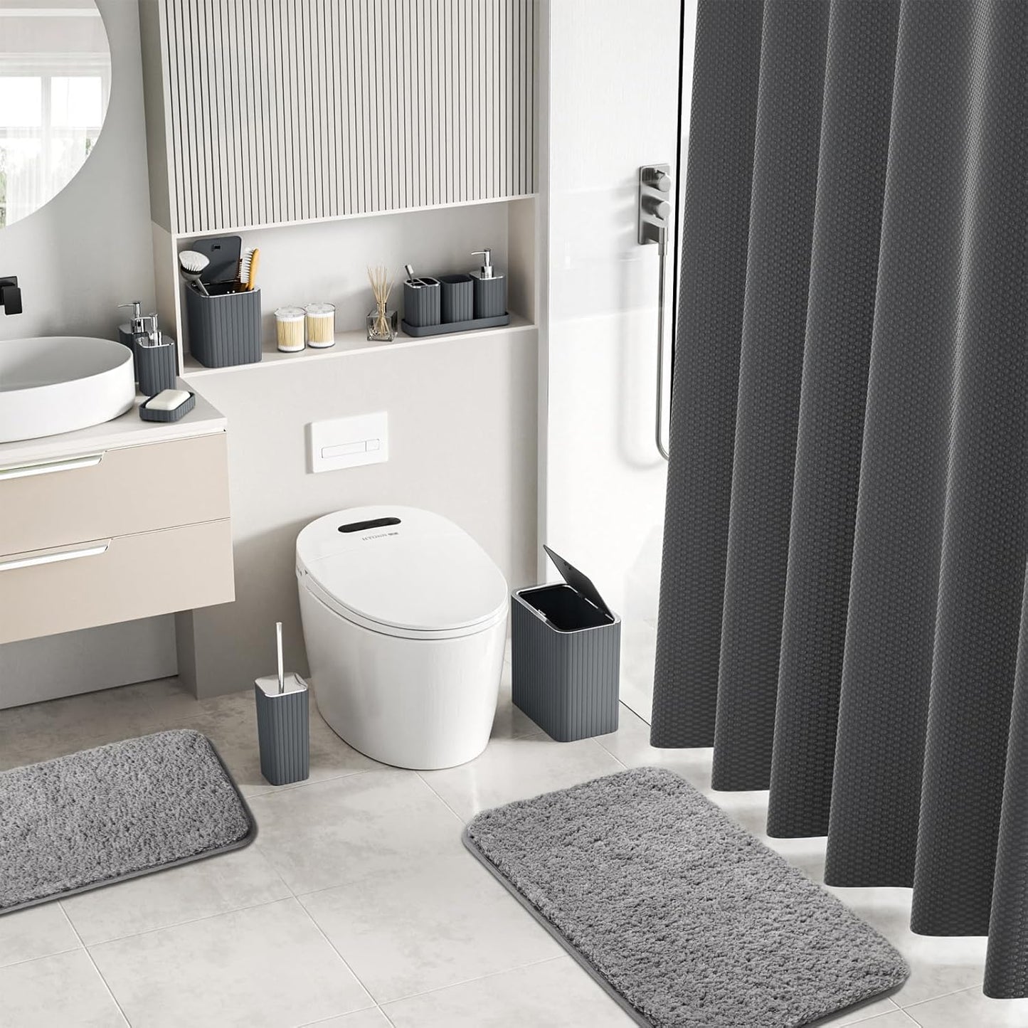 Bathroom Accessory Set - Bathroom Set, 27PC Bathroom Accessories Set, Grey Bathroom Sets with Shower Curtain and Rugs, Mini Trash Can, Toilet Brush, Trash Can & Soap Dispenser
