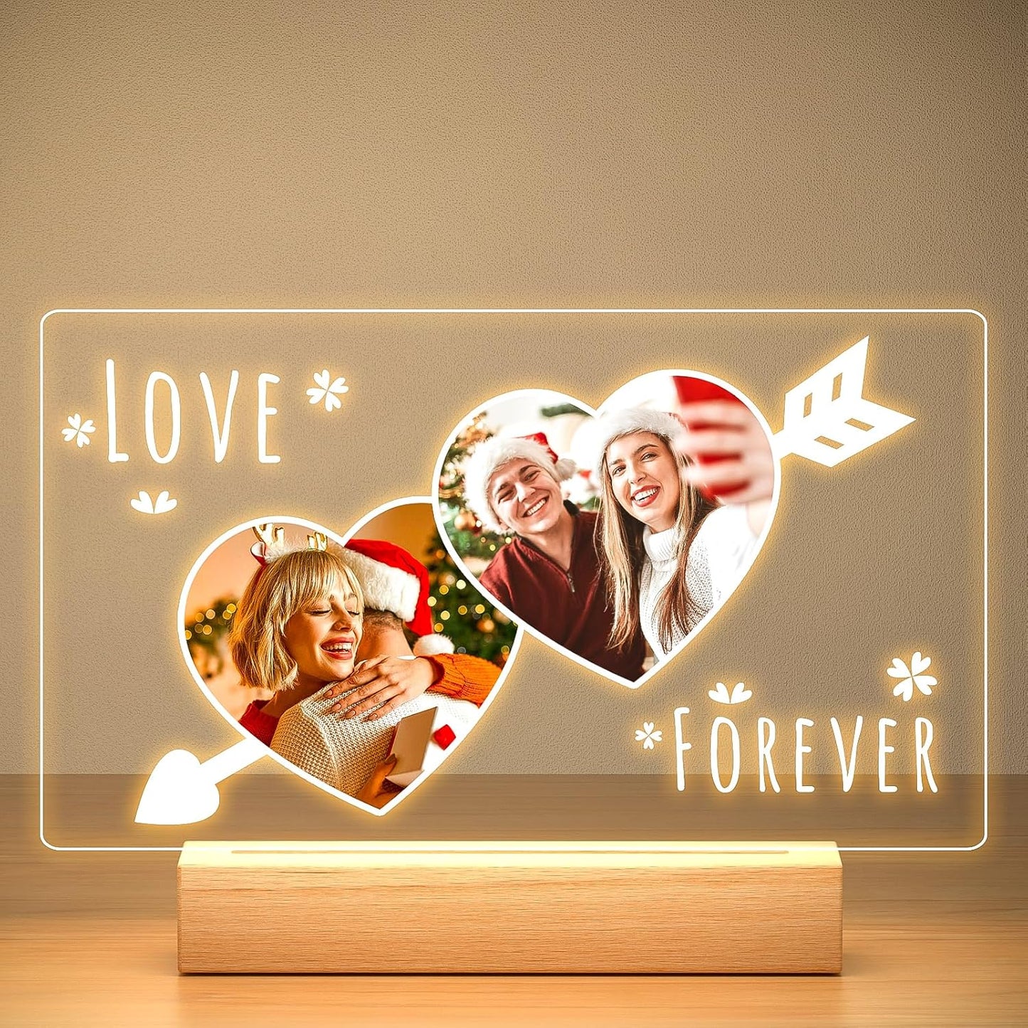Personalized Christmas Anniversary Couple Gifts for Women & Men, Custom Picture Frame with Photo, Personalized Photo Frame with Night Light, Customized Gifts for Her & Him