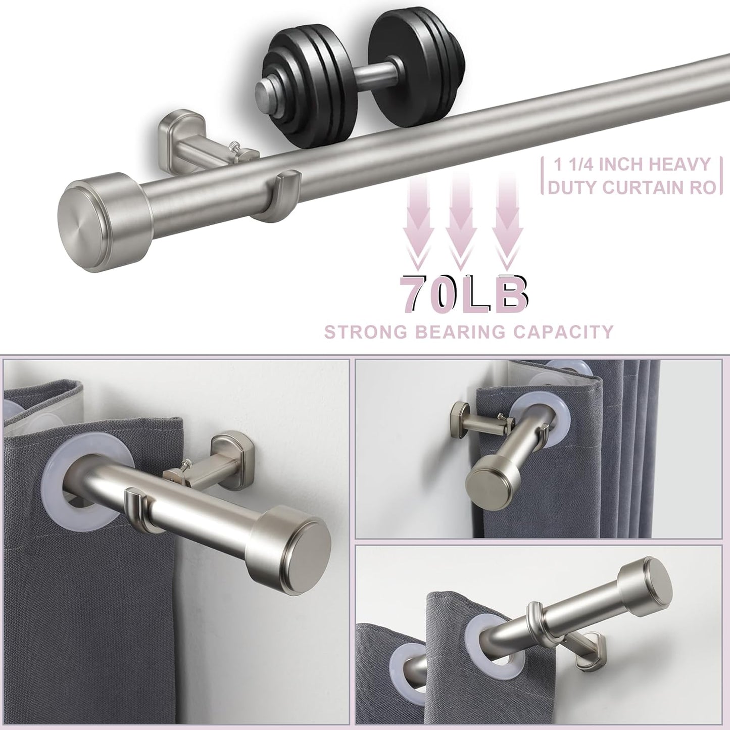 Heavy Duty Curtain Rods,1 1/4" Large Diameter Premium Nonadjustable Curtain Rod,132in/11ft Custom Window Treatment Rods with Durable Aluminum Brackets and End Caps,Brushed Nickel Finish