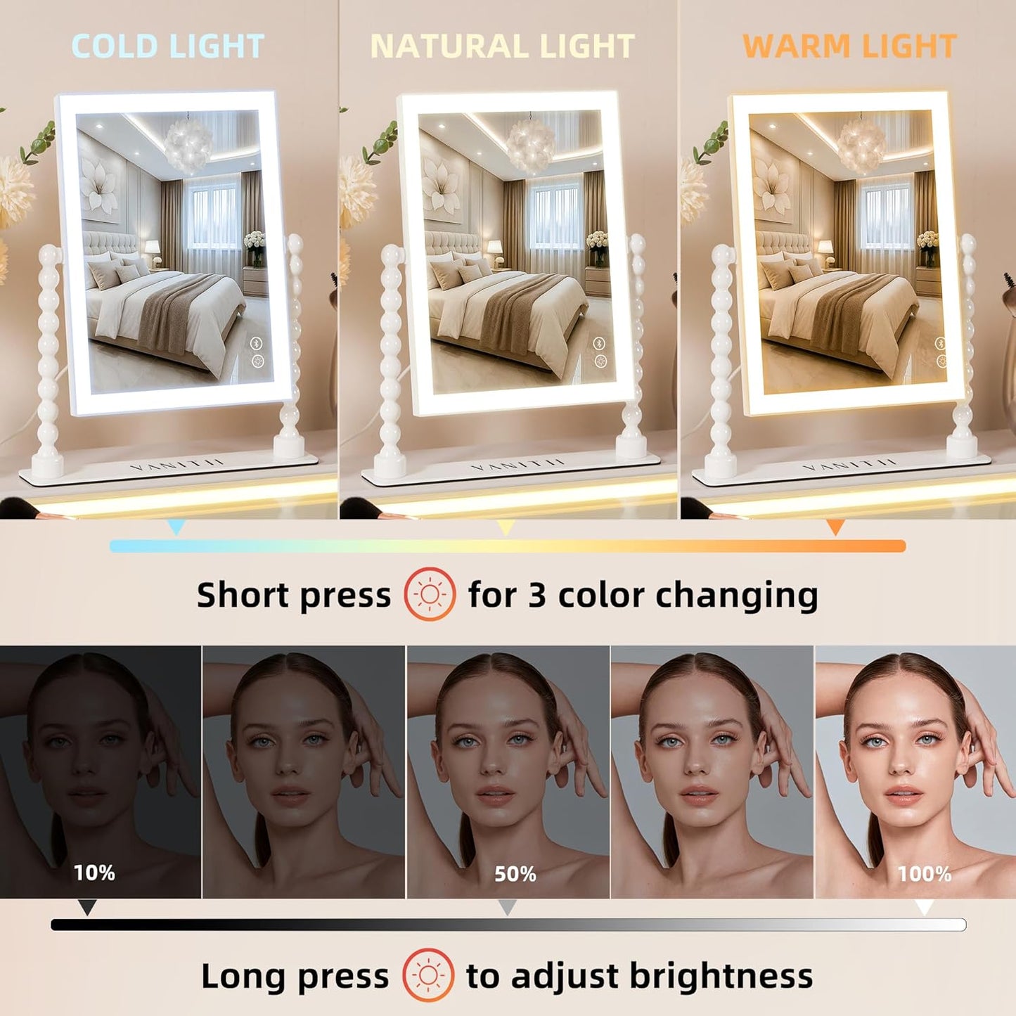 Vanity Makeup Mirror with Lights 9”x12” Hollywood Mirror with Music Speaker Dimmable 3 Color Lighting Light up Mirror with 10X Magnification 360 Degree Rotation for Bedroom Bathroom