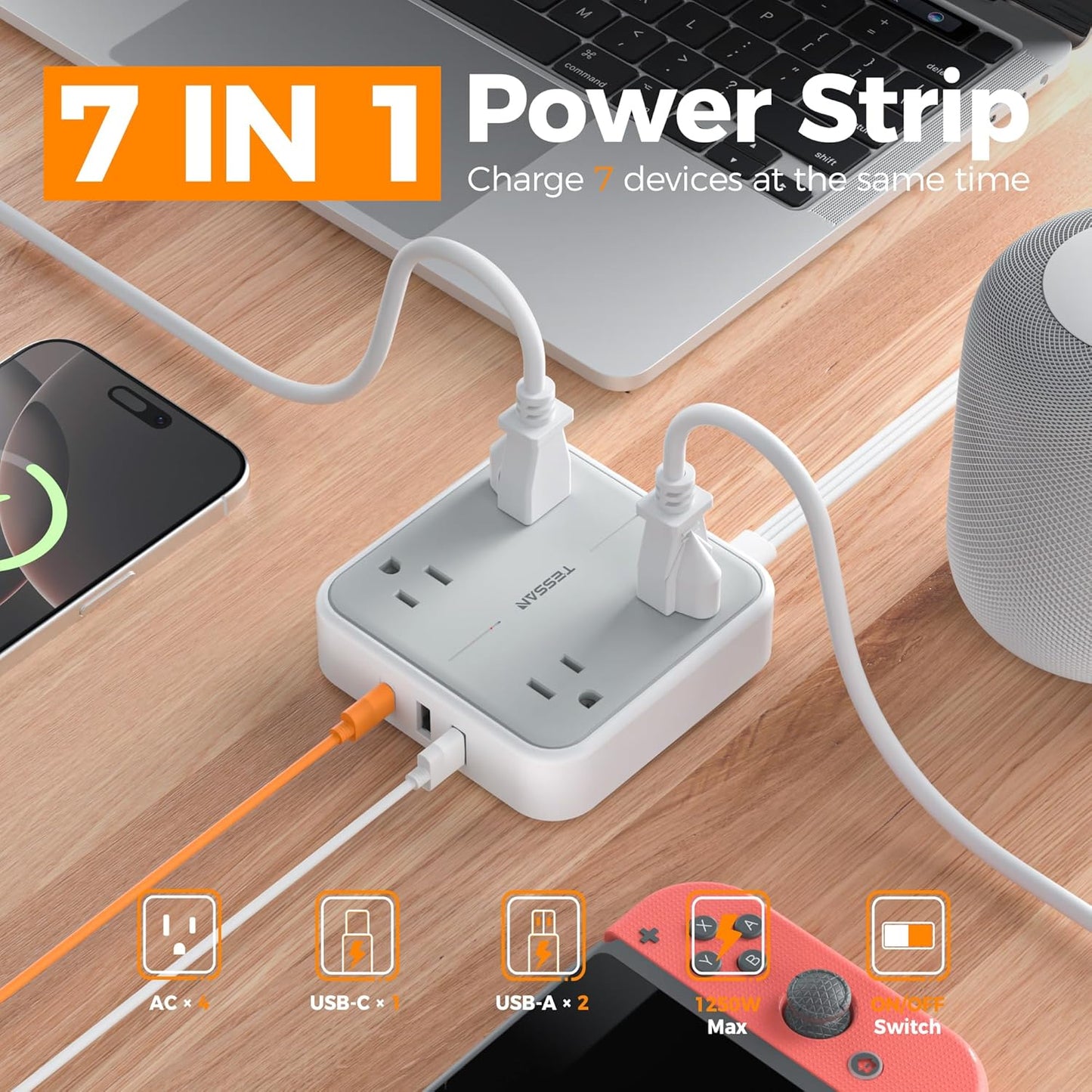 TESSAN Surge Protector Power Strip, 3 Ft Ring Pull Extension Cord with Multiple Outlets, 3 USB (1 USB C) 4 Outlets, 900J Surge Protection, Desktop Charging Station for Home, Office, Dorm Room