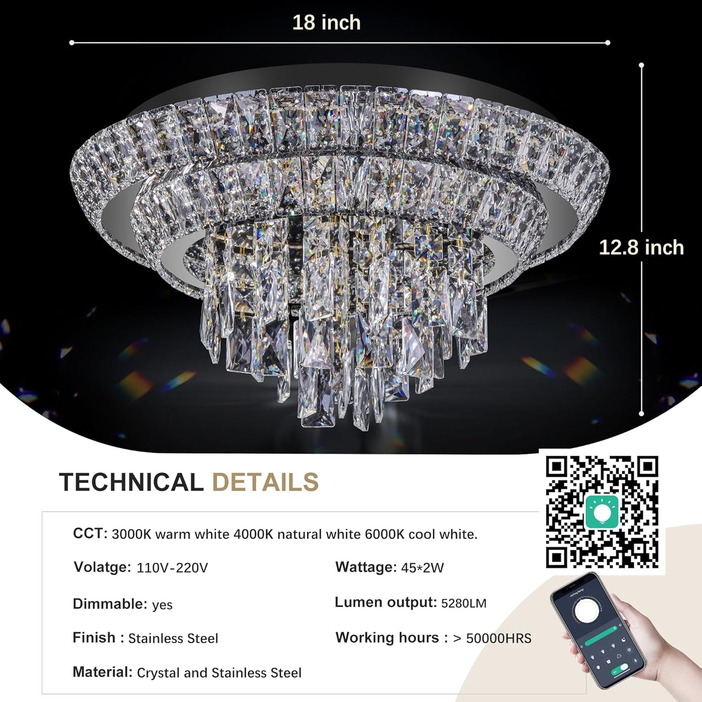 18 inch Crystal Black Ceiling-Light Flush Mount with Remote and APP Control, 3CCT Dimmable & Brightness Adjustable, Modern Crystal Raindrop Chandeliers for Bedroom Hallway Dinning Room Living Room