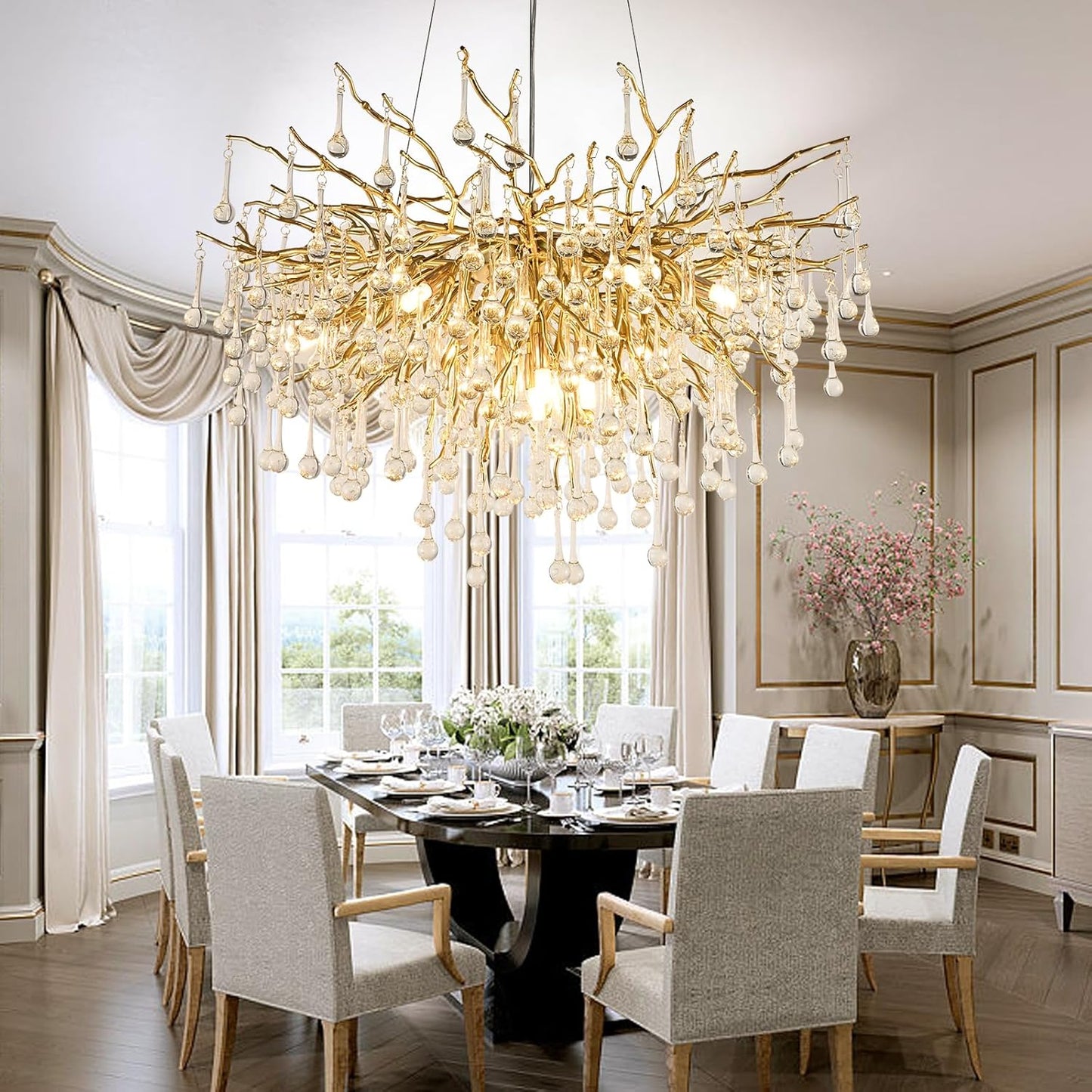 Crystal Chandelier for Dining Room 10-Light Raindrop Chandelier Contemporary Champagn Gold Pendant Light Fixture for Kitchen Island Bar