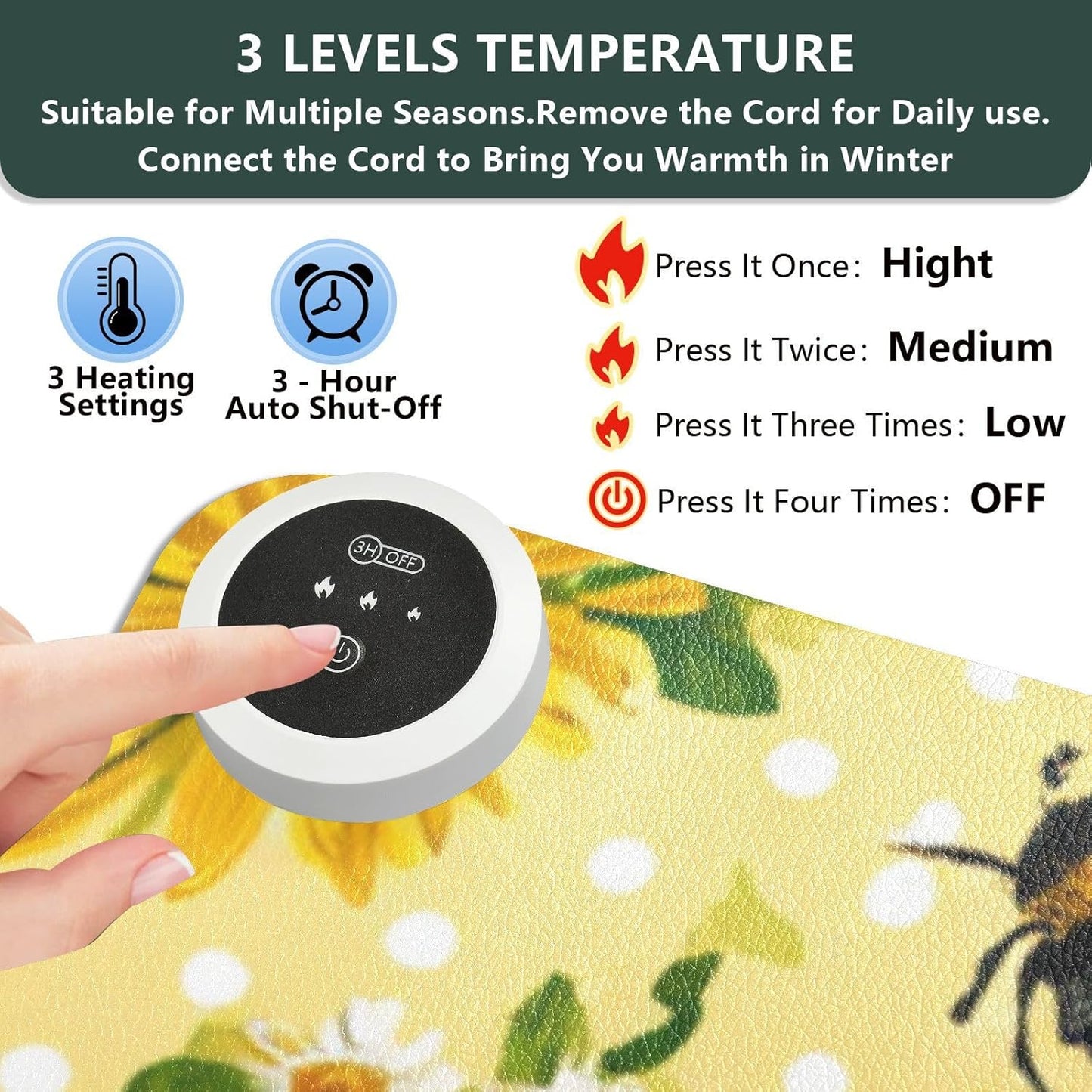 Heated Desk Pad Mouse Pad 31.5x13 Inch PU Leather Desk Mat with 3 Heat Levels Large Mouse Gaming Computer Laptop Mat Yellow Dot Bee and Daisy
