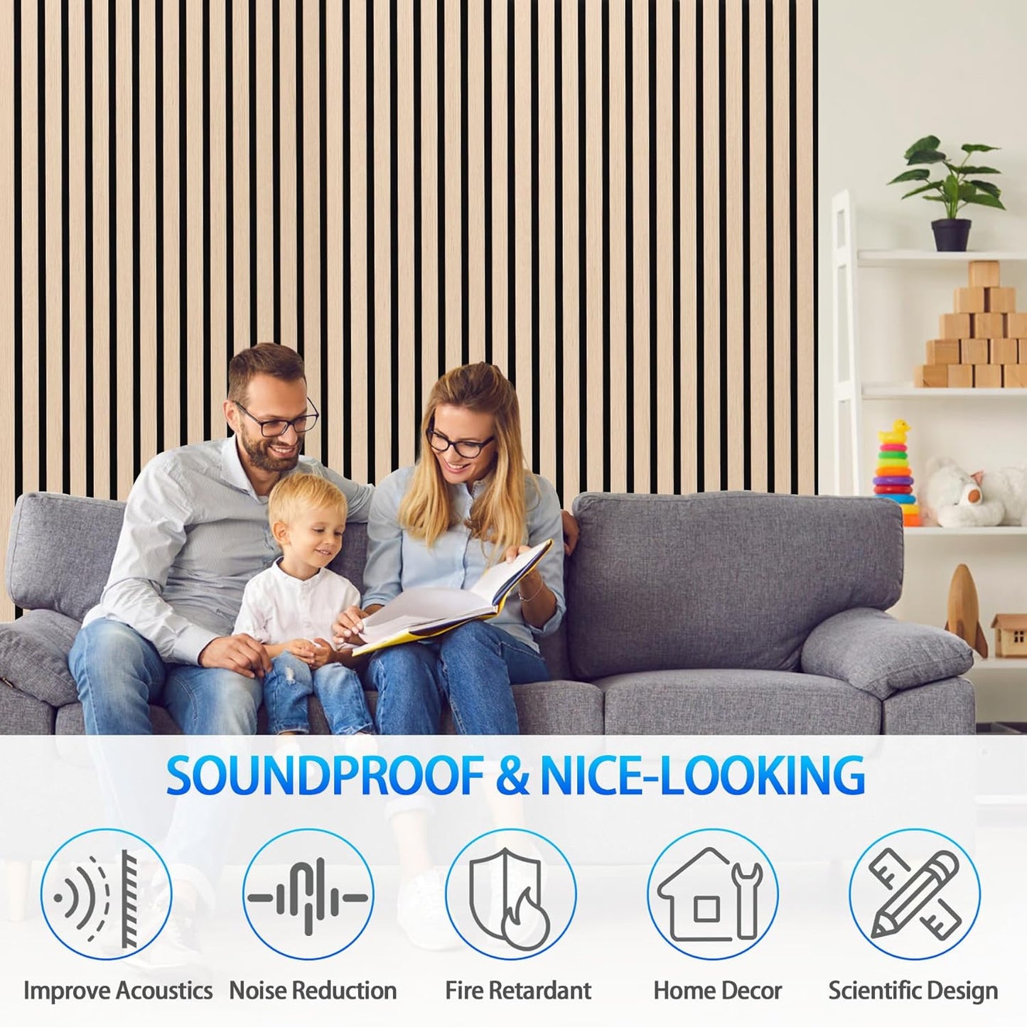 3D Slat Acoustic Wall Panels with Wood Finish Accent, 4 Pack Sound Absorbing Paneling for Studio, Office, Living Room, Bedroom Interior Decor (Natural Oak, 48''L x 24''W)