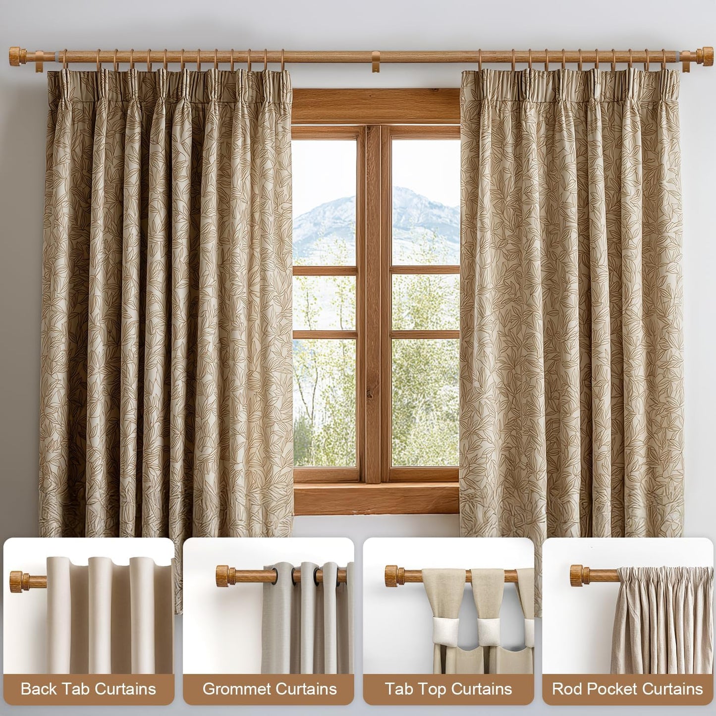 Wood Curtain Rods for Windows 72 to 144 Inches 1" Diameter Boho Decorative Heavy Duty Long Window Curtain Rod Adjustable with Solid Imitation Wood Grain Finials for Living Room Bedroom Kitchen