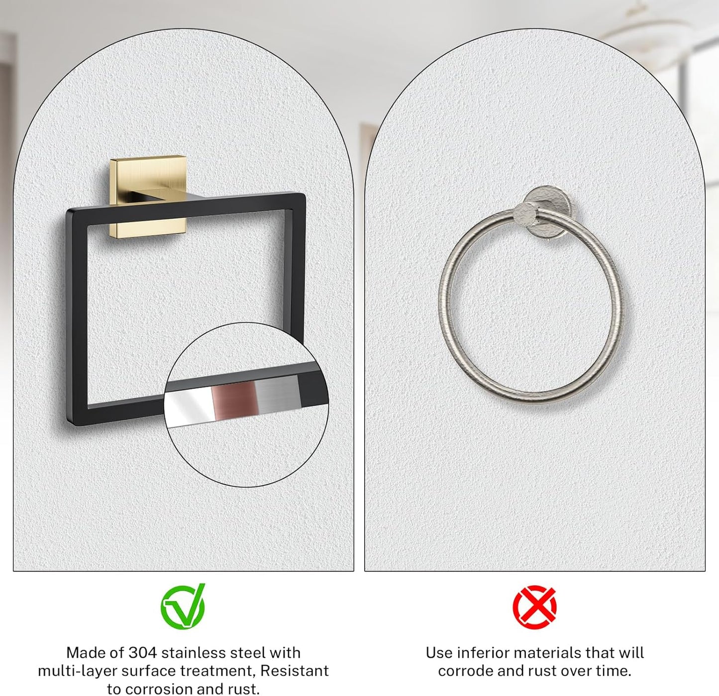 Black and Gold Towel Ring Square Hand Towel Holder Towel Hanger Bathroom Hardware Accessories Stainless Steel Wall-Mounted Towel Rack
