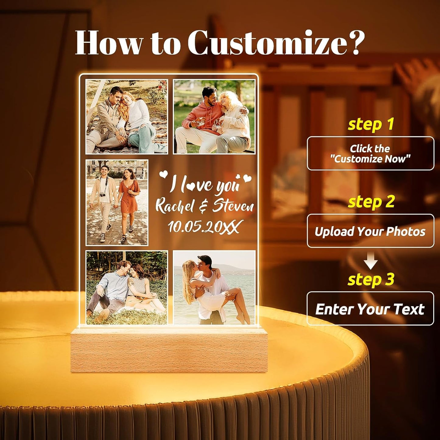 Custom Picture Frame with Photo, Customized Photo Frame with Night Light, Personalized Boyfriend Girlfriend Gifts for Couples, Personalized Anniversary Valentines Day Gifts for Women Men Her Him Wife