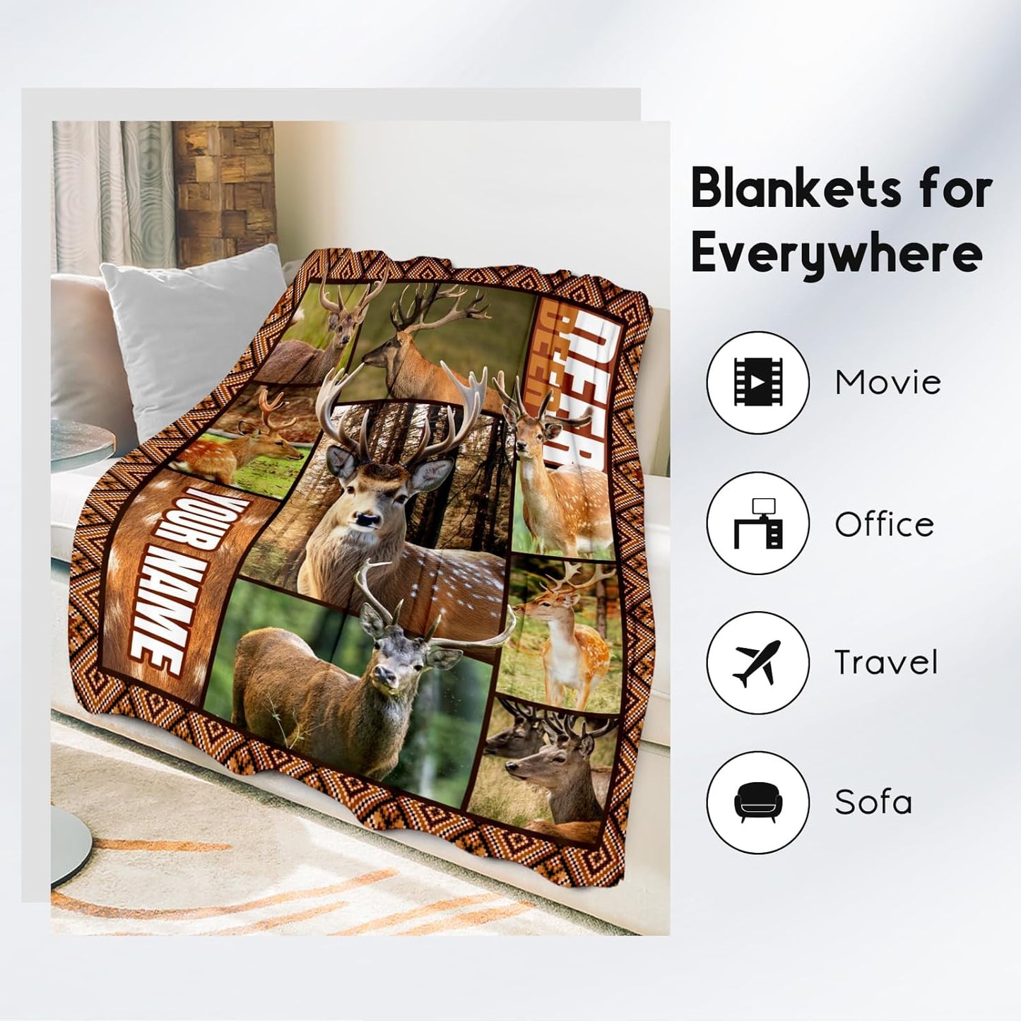 Personalized Blankets for Adults, Custom Deer Blanket Gifts for Men Boys, 40"x50" Forest Western Throw Gift for Hunters - Soft, Fuzzy & Cozy Deer Throws Farmhouse Decor