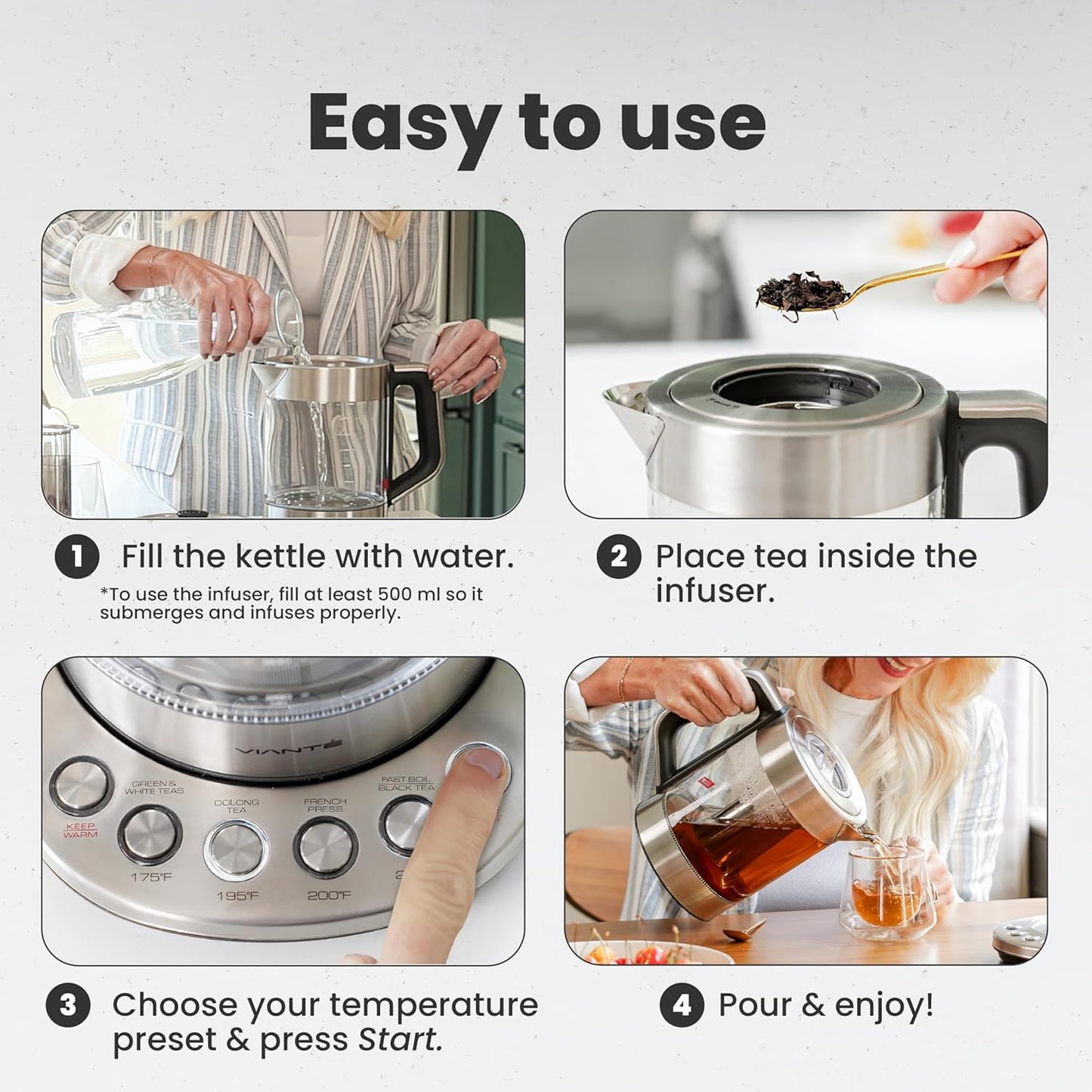 Vianté Electric Kettle With Infuser For Loose Leaf. Hot Tea Maker With Temperature Control And Automatic Shut Off. Tea Kettle With Brewing Programs. 1.5 Liters Capacity