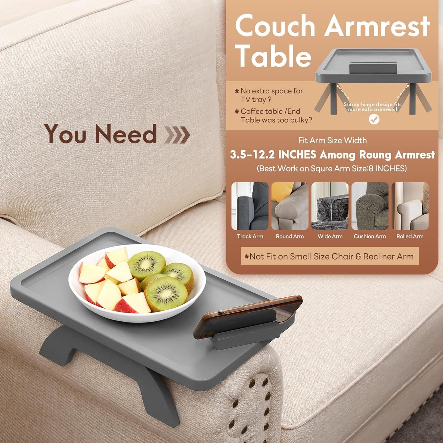 SINWANT Couch Armrest Table,Bamboo Couch Arm Table 360° Phone Holder,Foldable Sofa Arm Tray for Eating Drinking Snacks Remote on Chair Armrest