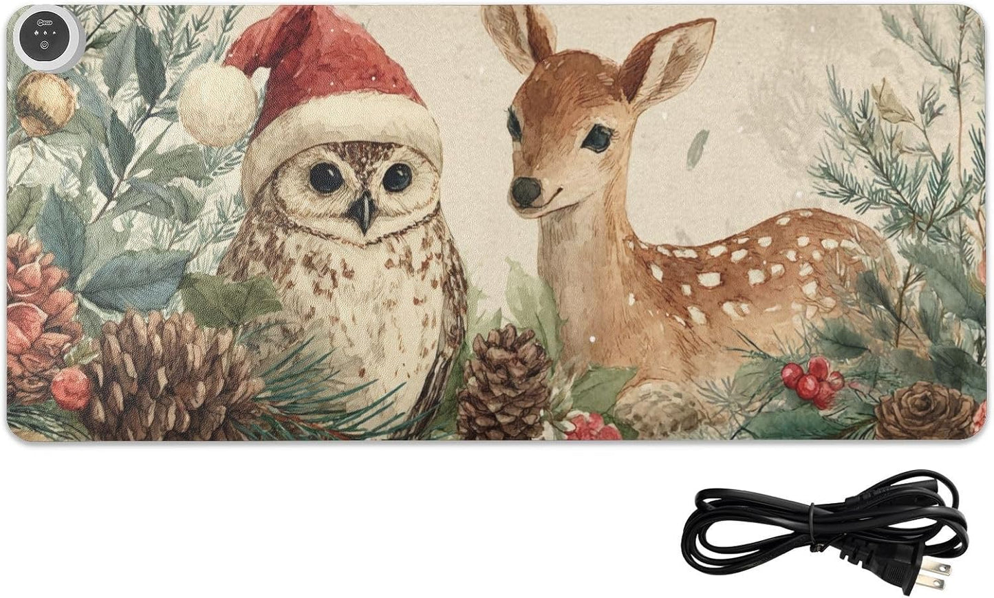 Heated Desk Pad Mouse Pad 31.5x13 Inch PU Leather Desk Mat with 3 Heat Levels Large Mouse Gaming Computer Laptop Mat Beige Christmas Owl Deer Pinecorns