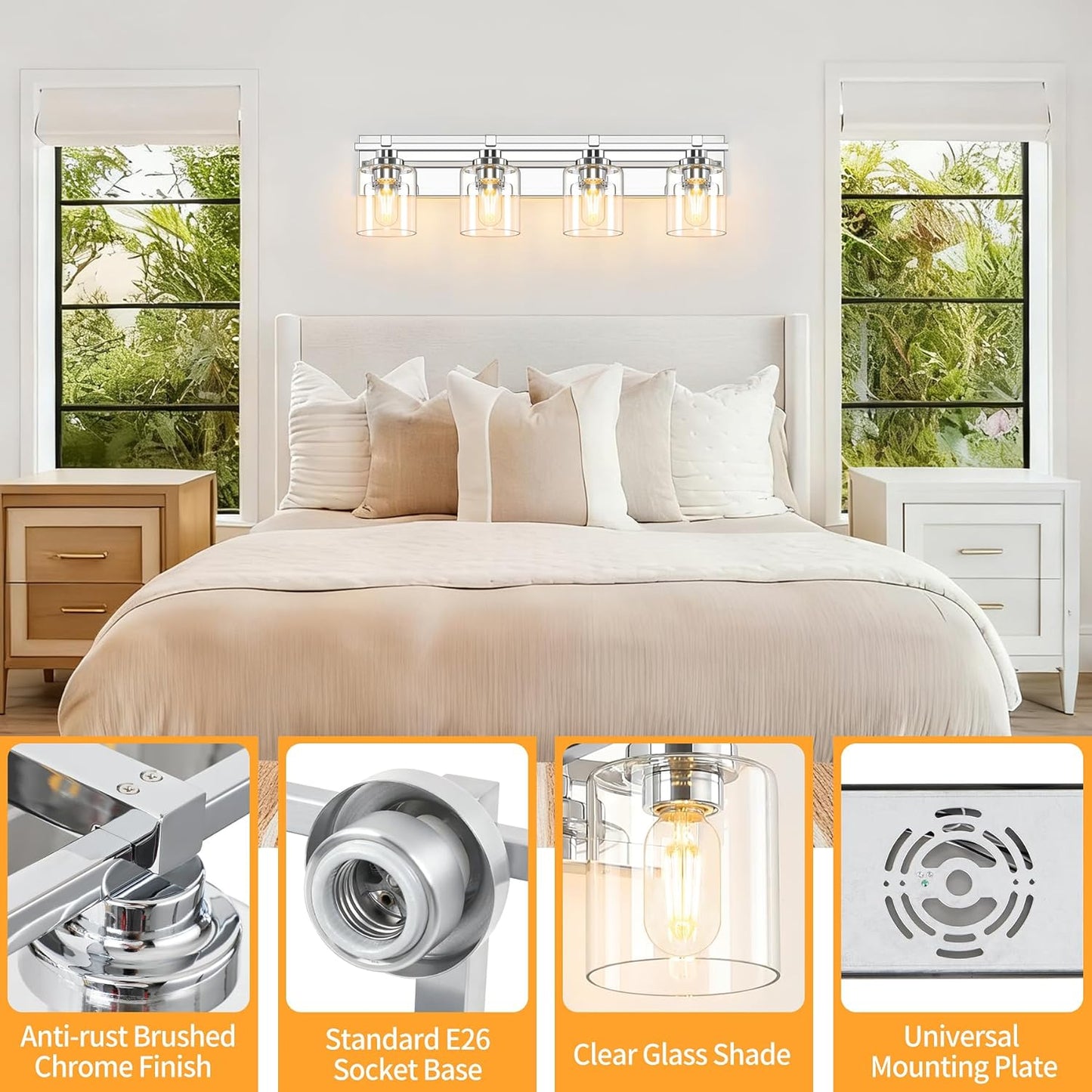 4 Light Modern Bathroom Light Fixtures Over Mirror, Chrome Vanity Lights for Bathroom Wall Sconces with Clear Glass Shades, E26 Socket (Bulbs Not Included)