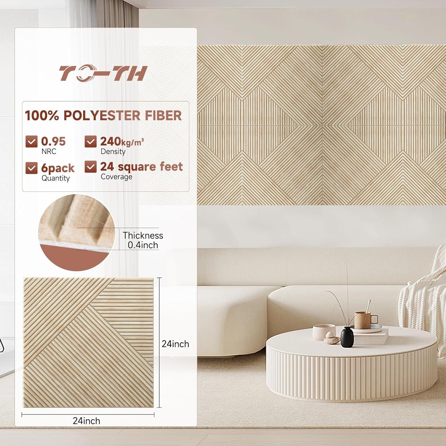 TO-TH Acoustic Panels for Wall and Ceiling - 6 Pack 2'x2'x0.4,Self-Adhesive 3D UV Printing Decorative Wall Panels with Wood Look,Rustic Oak