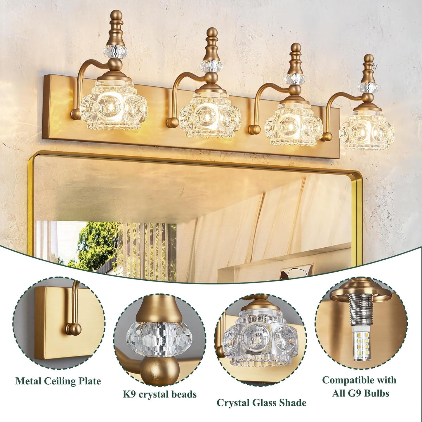 Modern Glass Crystal Vanity Light - Vintage Bathroom Lighting Fixtures Over Mirror, 4 Light Vanity Lights G9 Bulb (27.55 Inch,Brass)