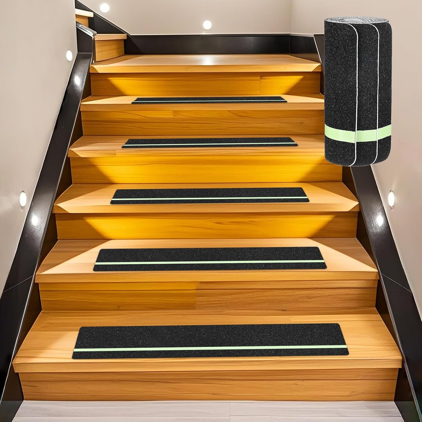 5-Pack Anti Slip Traction Tape 24" x 6" Best Grip Tape Grit with 12mm/0.47" Glow in Dark Stripe High Traction Friction Abrasive Adhesive for Indoor/Outdoor Stairs[Black+Green]