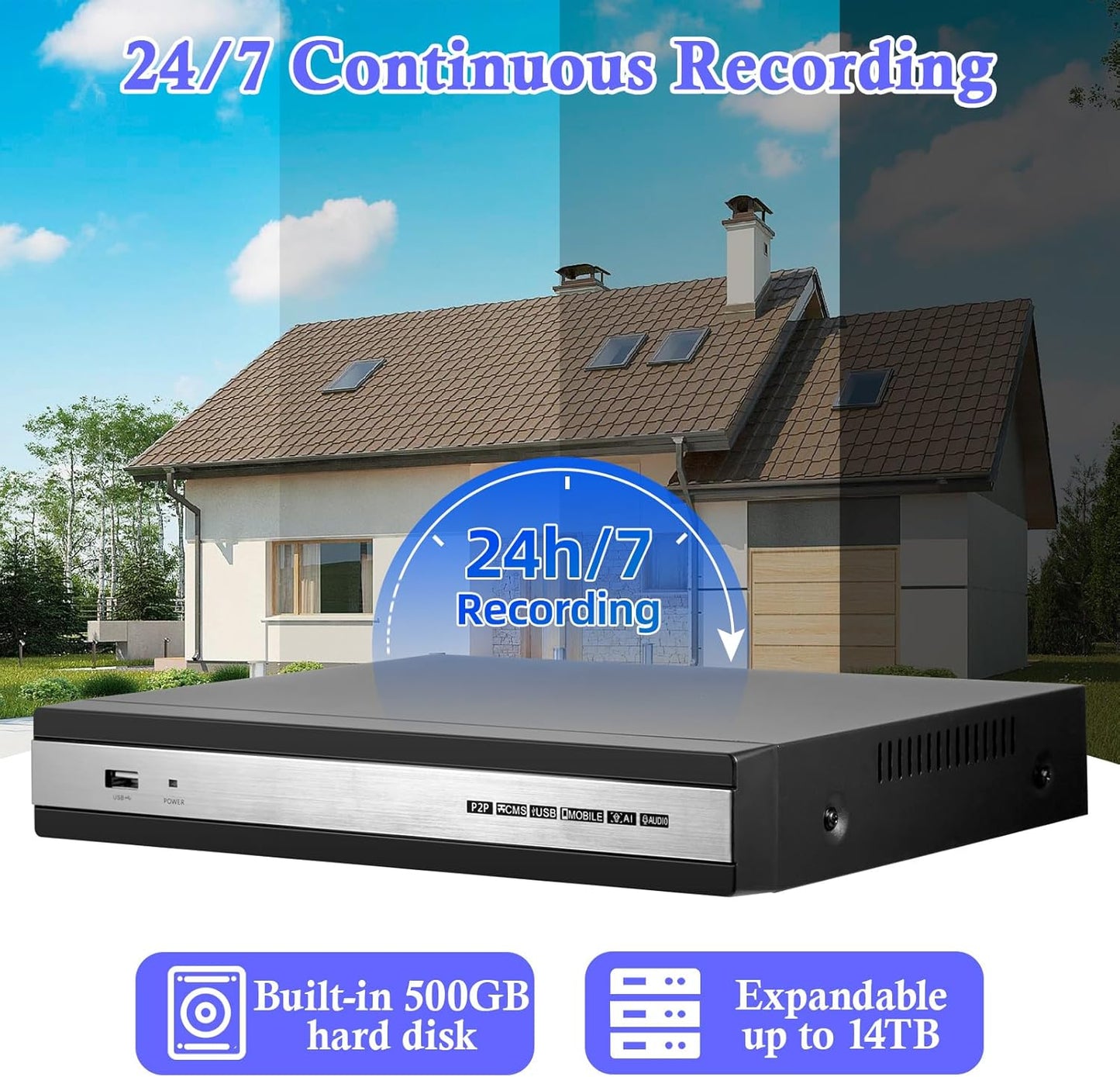 Security Camera System, 4 Channel 6 in 1 DVR for Security Camera/AHD/TVI/CVI/CVBS/IP Surveillance, with 500GB Hard Drive, Max to 14TB