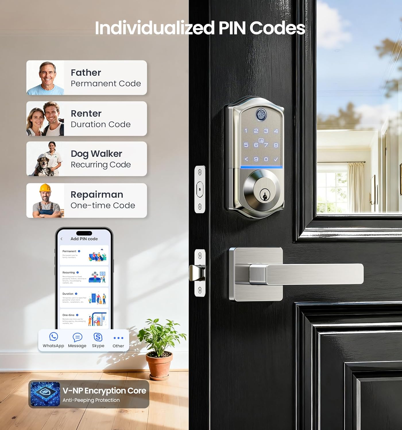 Veise VE017-B Fingerprint Smart Lock for Front Door, App Control, 7-in-1 Keyless Entry Deadbolt with 2 Zinc Alloy Lever Handles Set, Emergency Power Port, Auto Lock, Electronic Keypad, Satin Nickel