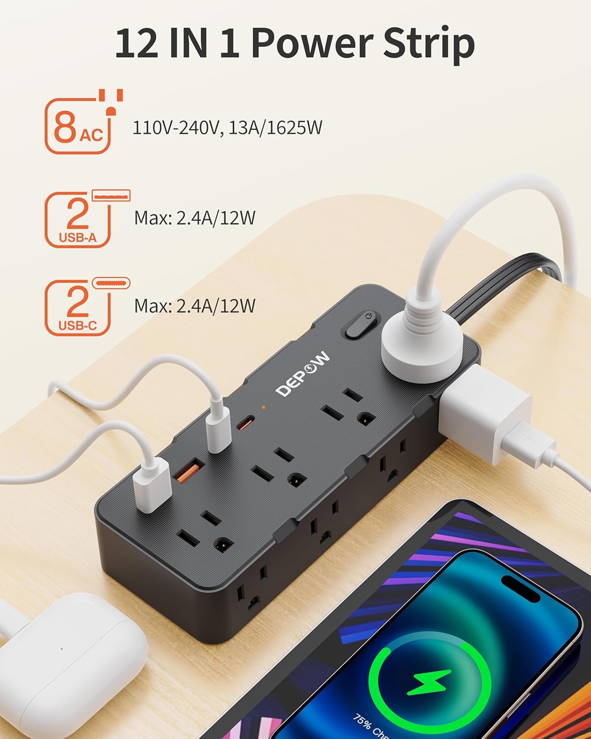 Power Strips with Surge Protection, 5FT Extension Cord with Multiple Outlets-8 AC Outlets 4 USB Ports (2 USB C), Flag Plug, 1700 Joule Surge Protector for Home Office, Black