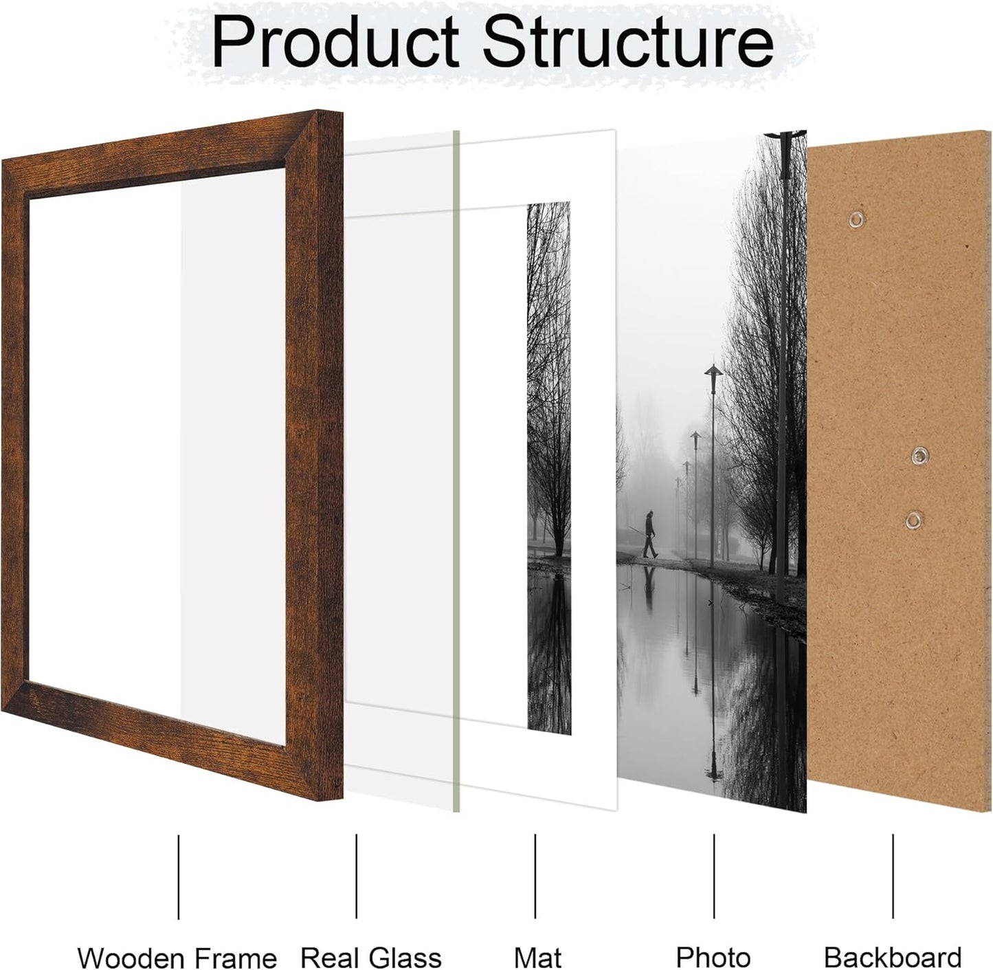 iRahmen 10x14 Picture Frame Set of 4 with Tempered Glass, Rustic Frame Display 8x12 Pictures with Mat or 10 x 14 Without Mat, Wooden Photo Frames for Wall Mounting