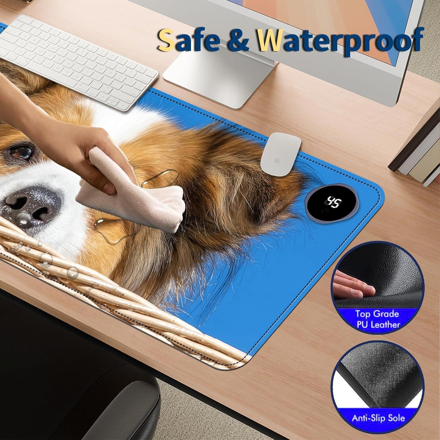 Heated Mouse Pad with 3 Temperature Settings(104°F–122°F),Large 31.5x13 Inch PU Leather Heated Desk Mat,Waterproof Warming Pad for Office,Gaming & Cold Hands Relief,Cute Dog