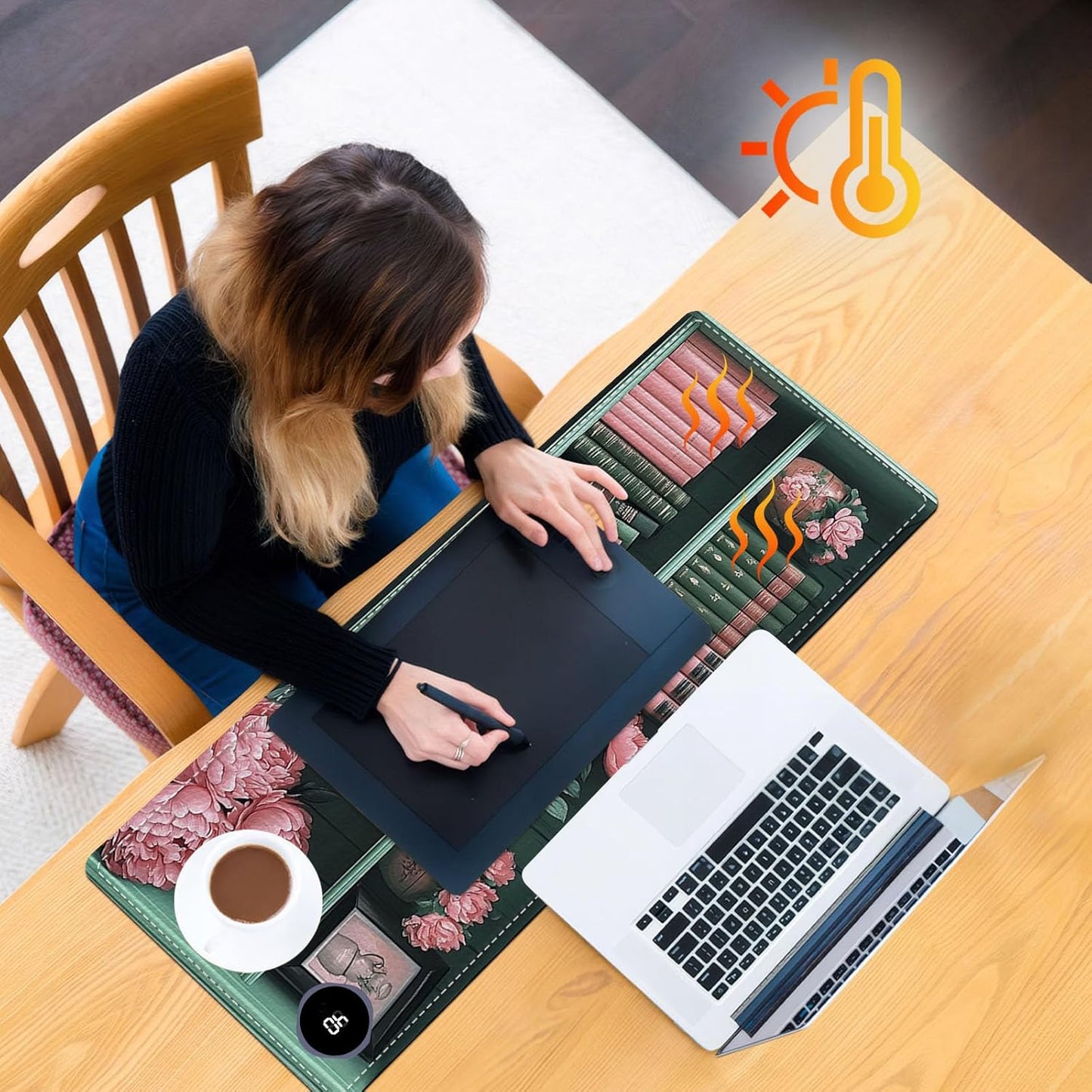 Heated Mouse Pad 31.5x13 in 3-Temp Fast Heating Desk Mat with Auto Timer Warmer for Hands Wrist Pain Relief Waterproof Keyboard Mat for Office, Gaming, Home, Vintage Floral Bookshelf