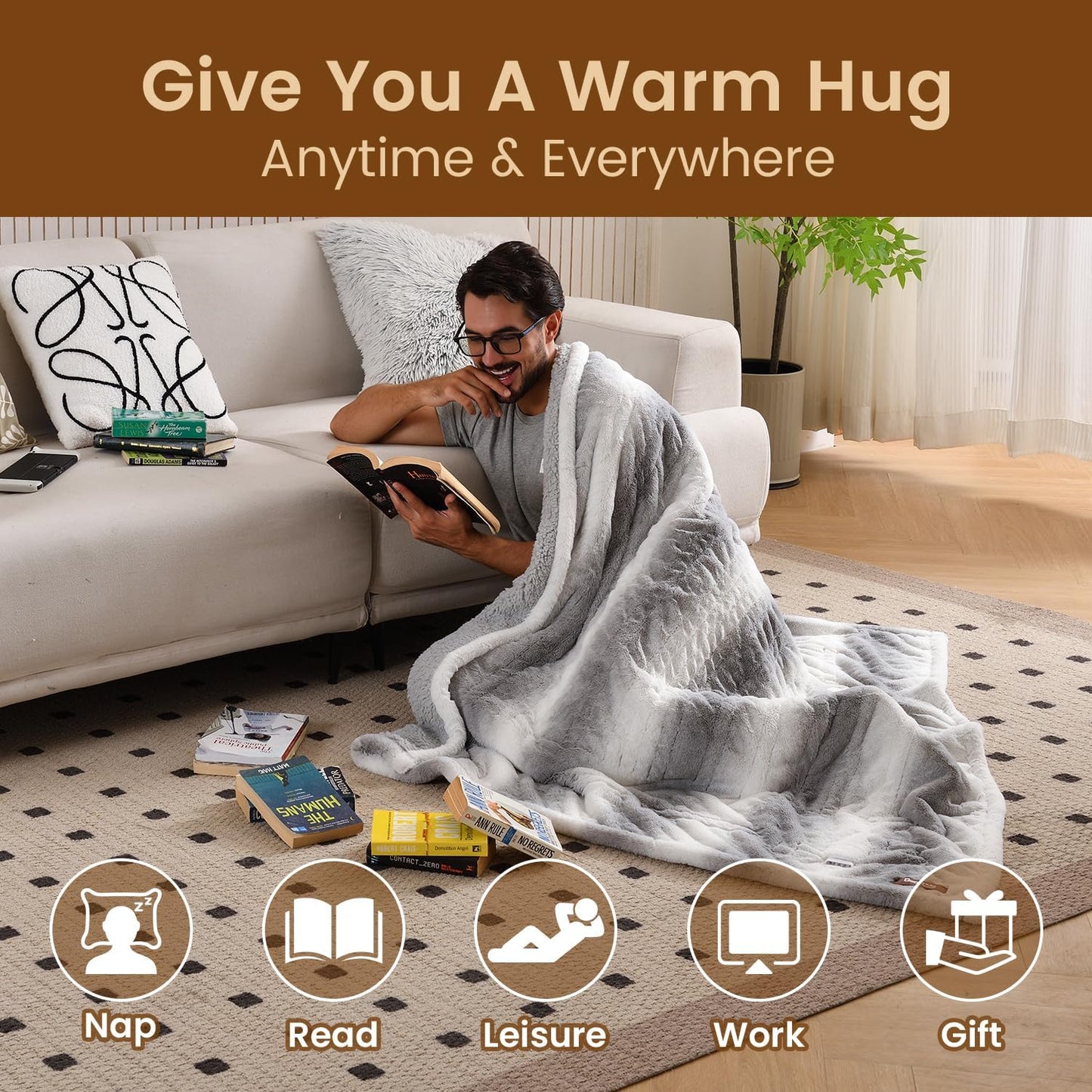 Bearhug Heated Blanket 6 Heat Settings Electric Blanket, 4-Hour Auto Shut-Off, Luxurious Faux Fur & Sherpa Dual-Sided Heated Throw, Machine Washable, 50 x 60 Inches, Gift-Ready Elegant Packaging