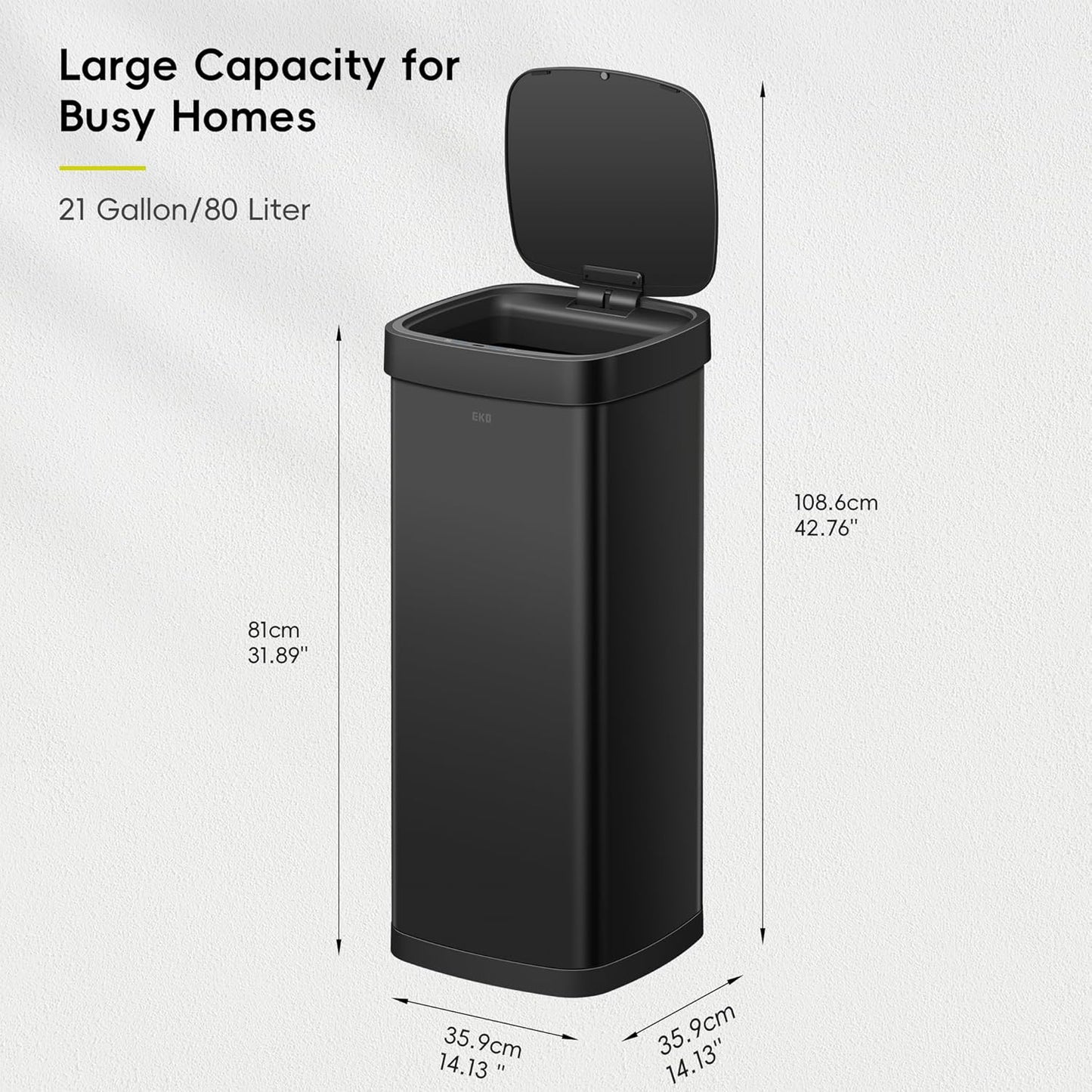 EKO EcoSmart 80L / 21.1 Gallon Motion Sensor Trash Can – Tall, Large Touchless Automatic Kitchen Garbage Bin with Soft-Close Lid for Home or Office, Brushed Stainless Steel, Matte Black