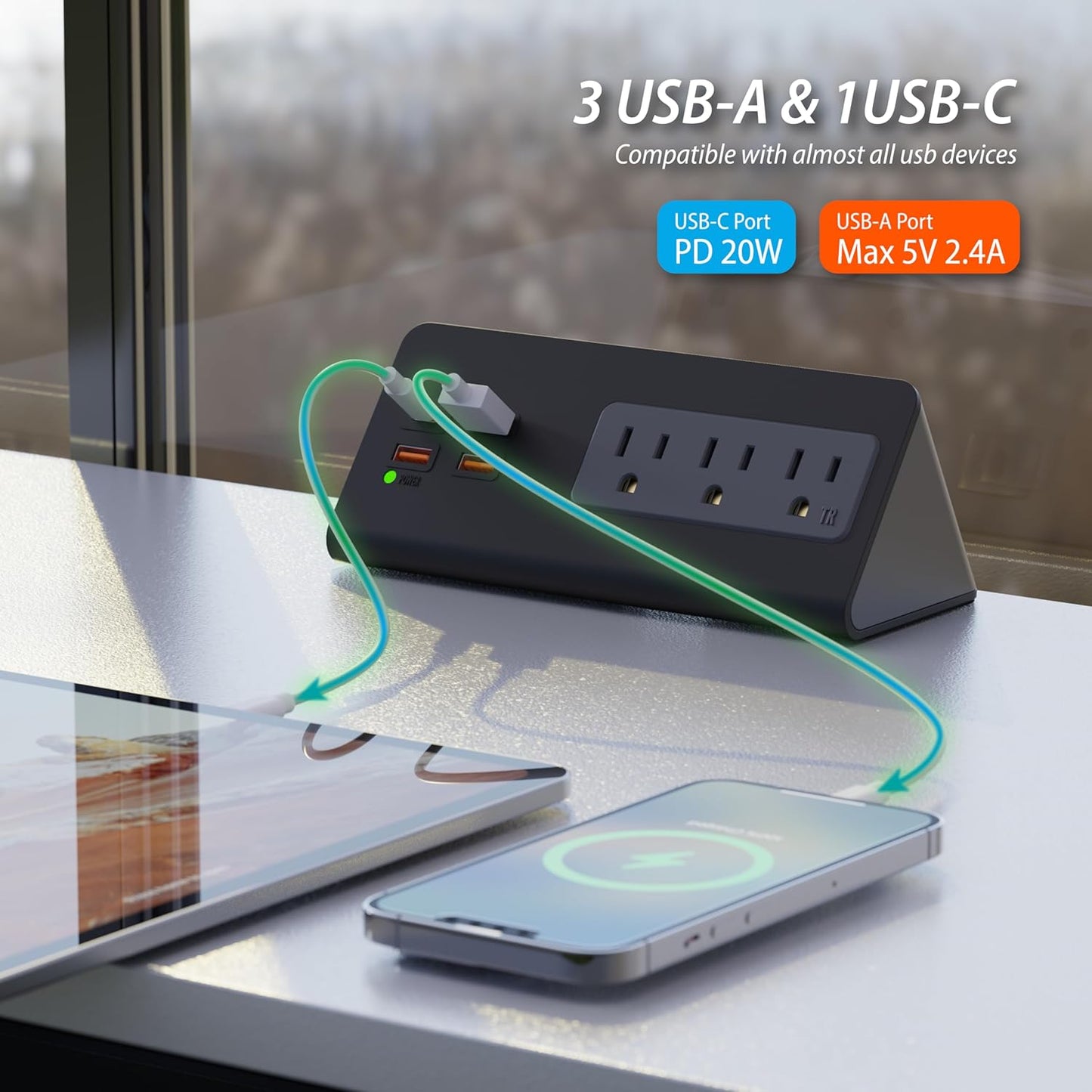 Upgraded Version Edge Mount Power Strip with USB-C Ports Tabletop Surge Protector Desk Clamp Power Sockets with 3 AC Outlets &4 Fast Charging USB Ports for Home Office Hotel Dormitory (Black - 2pack)