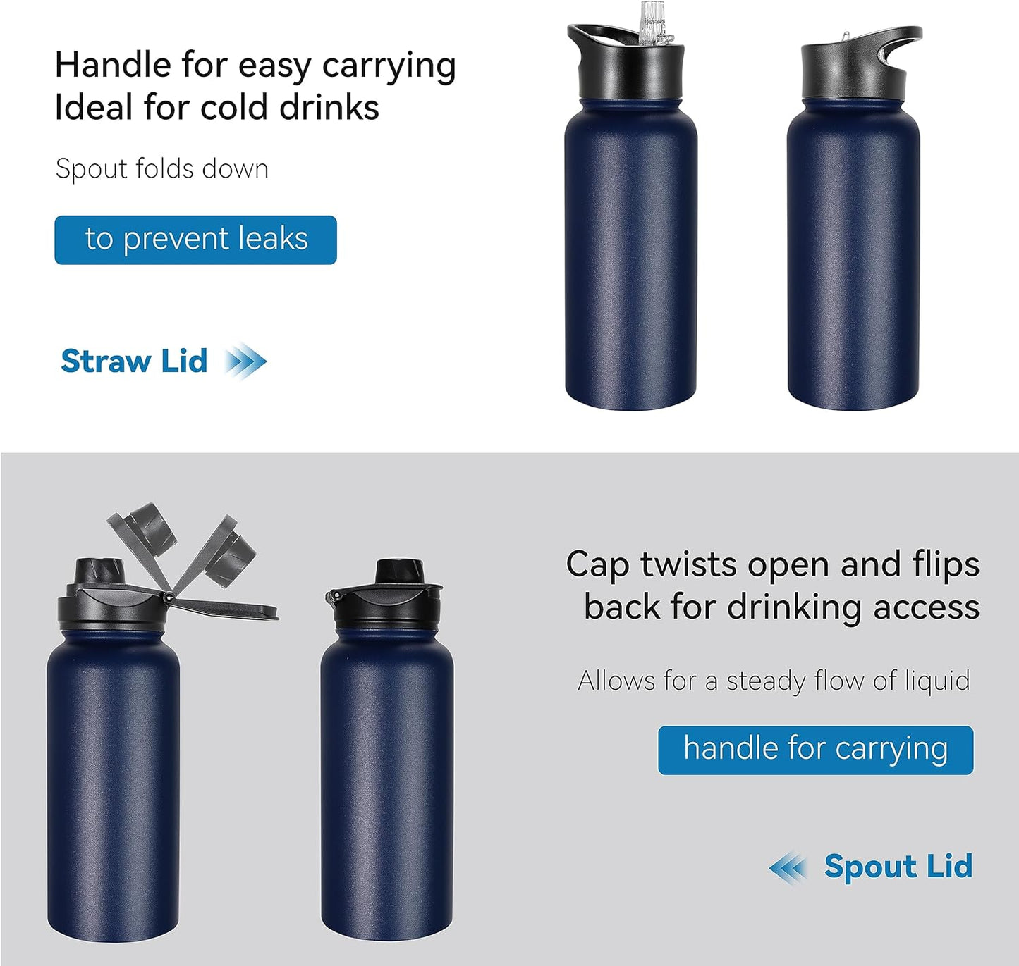VEGOND 32 oz Insulated Water Bottle Bulk Stainless Steel Metal Water Bottles with Leak Proof Straw Lid & Spout Lid, Wide Mouth Double Walled Vacuum Travel Sports Bottle, 4 Pack