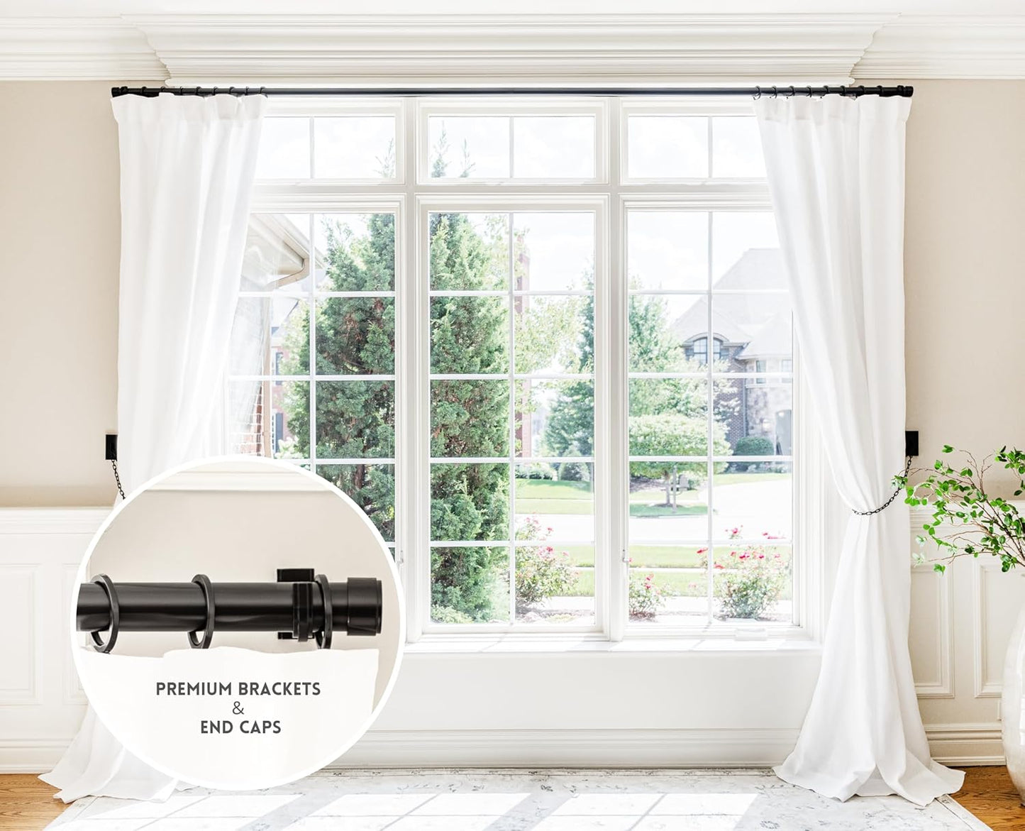 BlastHome® Non-Adjustable Luxury Curtain Rods for Windows, 1 ¼” Rod Set, 9 foot Fixed Length (Two Rods Connect for a Seamless Look), Tuxedo Black