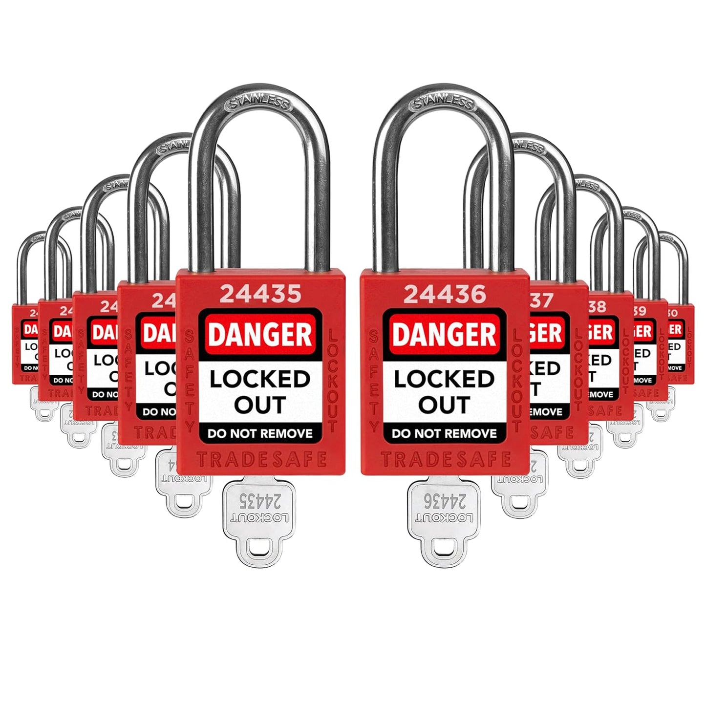 TRADESAFE Lockout Tagout Locks Set - 10 Red Loto Locks, Lockout Locks Keyed Different, 1 Key Per Lock, OSHA Compliant Lock Out Tag Out Padlocks, Safety Padlocks for Electrical Lockout Tag Out Kits