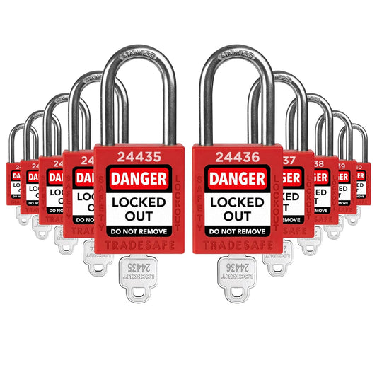 TRADESAFE Lockout Tagout Locks Set - 10 Red Loto Locks, Lockout Locks Keyed Different, 1 Key Per Lock, OSHA Compliant Lock Out Tag Out Padlocks, Safety Padlocks for Electrical Lockout Tag Out Kits