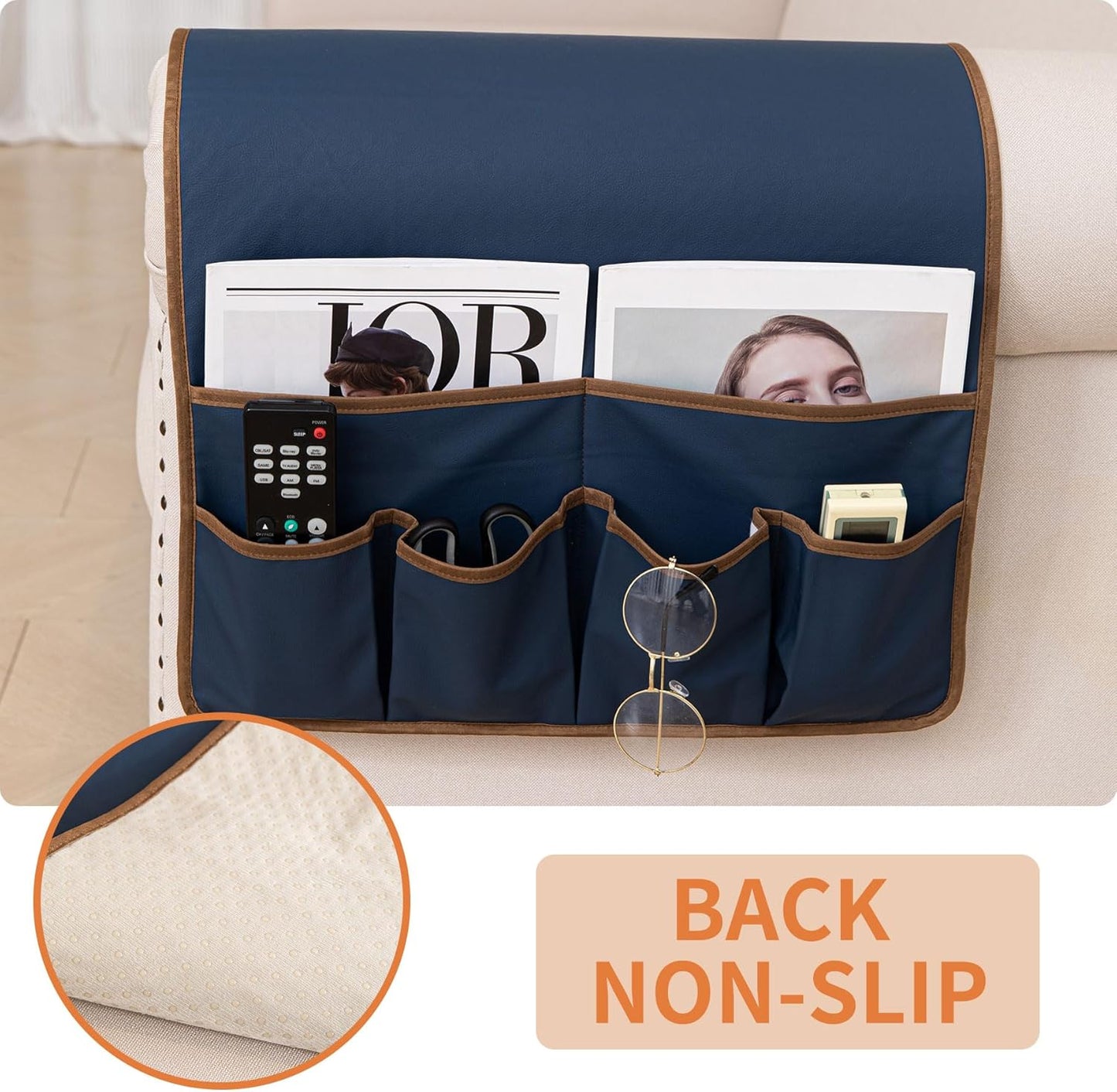 HAOMAIJIA Anti Slip Sofa Armrest Organizer Arm Chair Bedside Caddy Storage Organizer For Recliner Couch With 6 Pockets For Cell Phone Tv Remote Control (Navy Blue, 31.89 inches × 18.5 inches)
